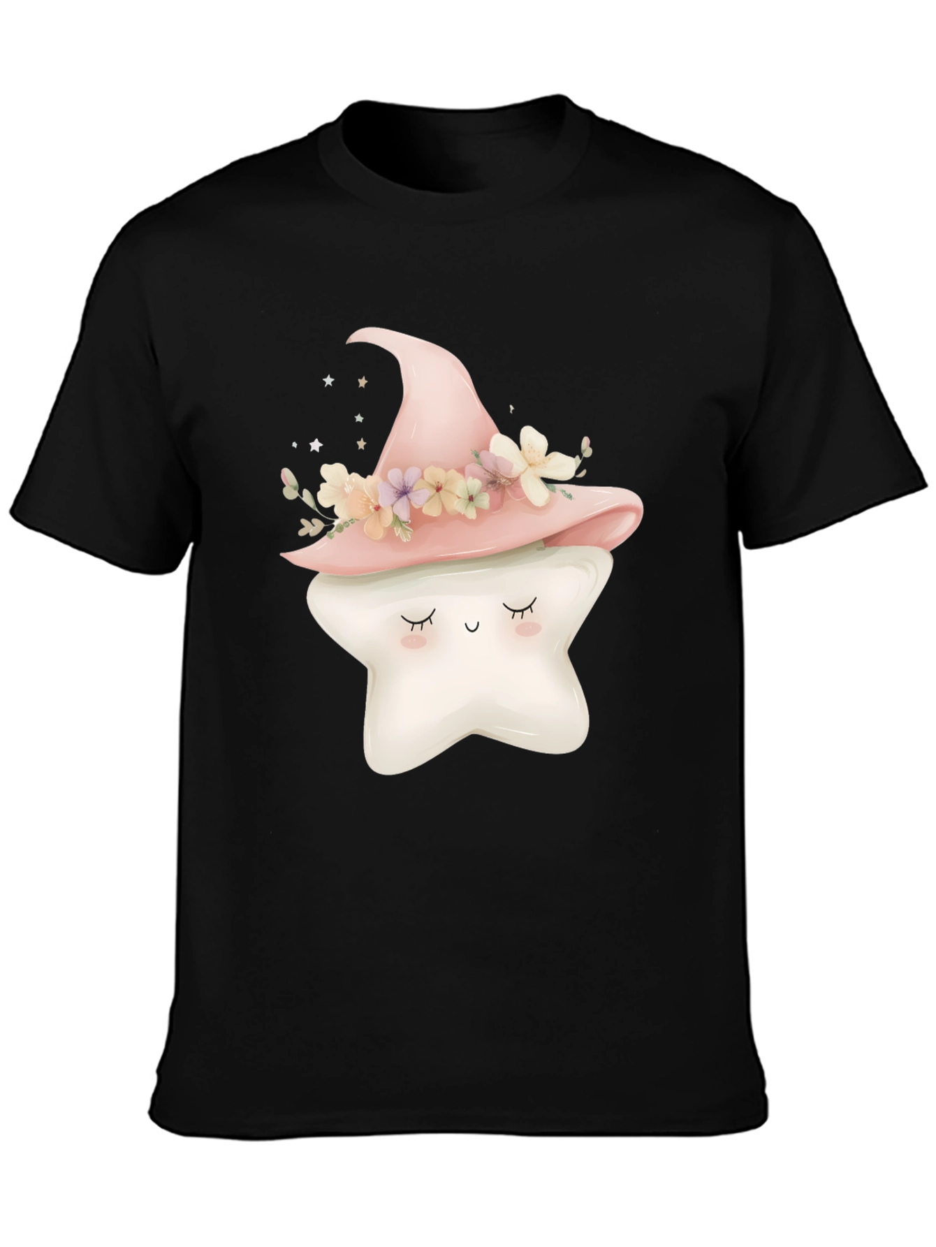 Cute Star Witch Hat Graphic Tee - Black