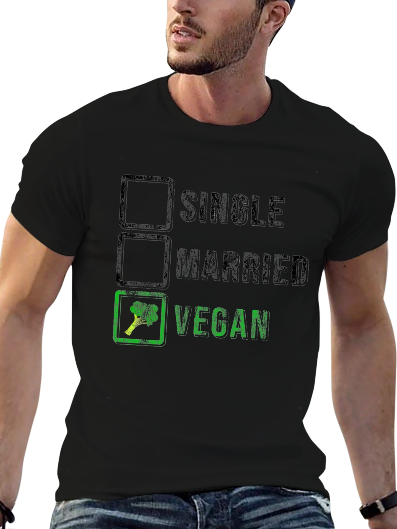 Funny Vegan T-Shirt: Single Married Vegan Checkbox Tee