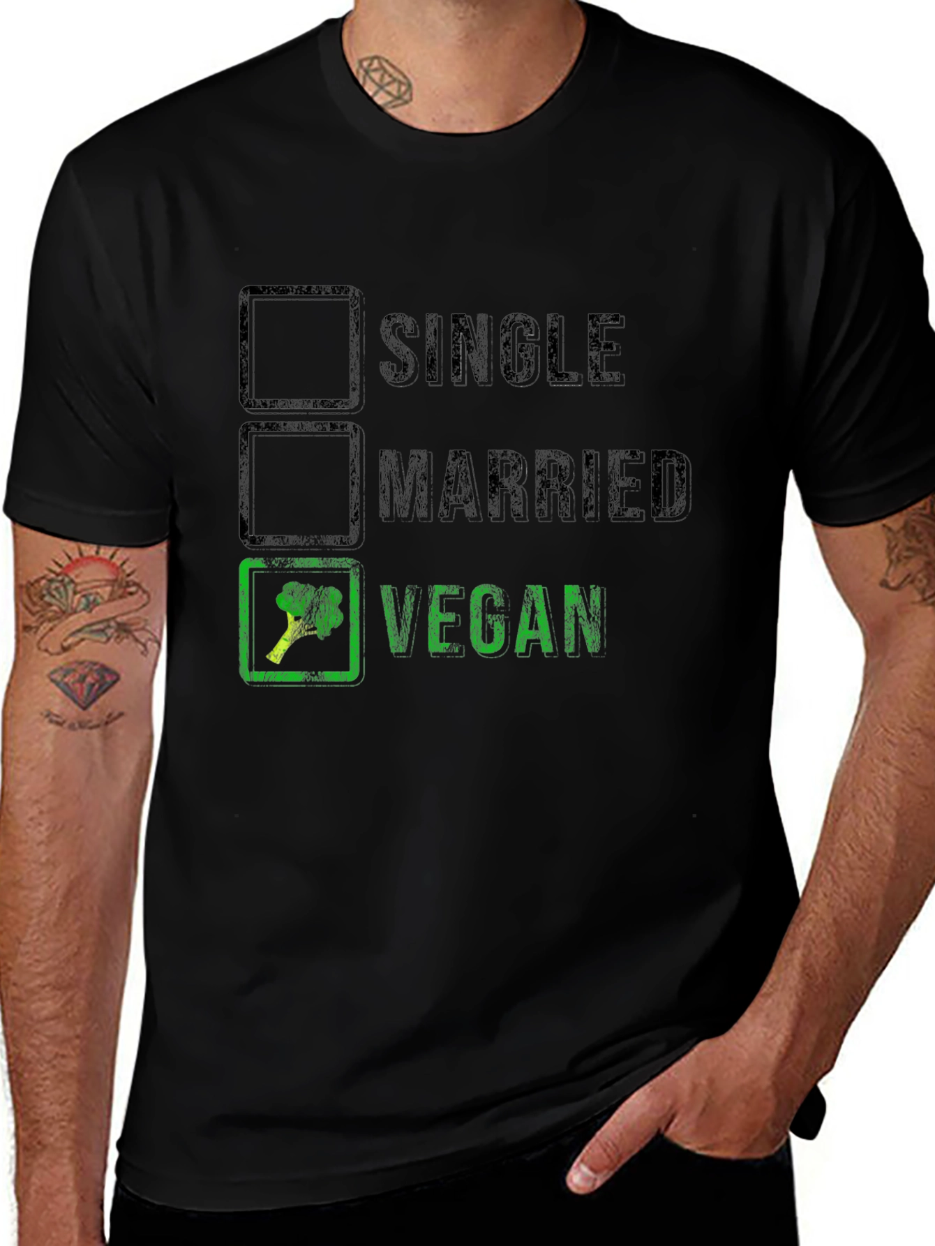 Funny Vegan T-Shirt: Single Married Vegan Checkbox Tee