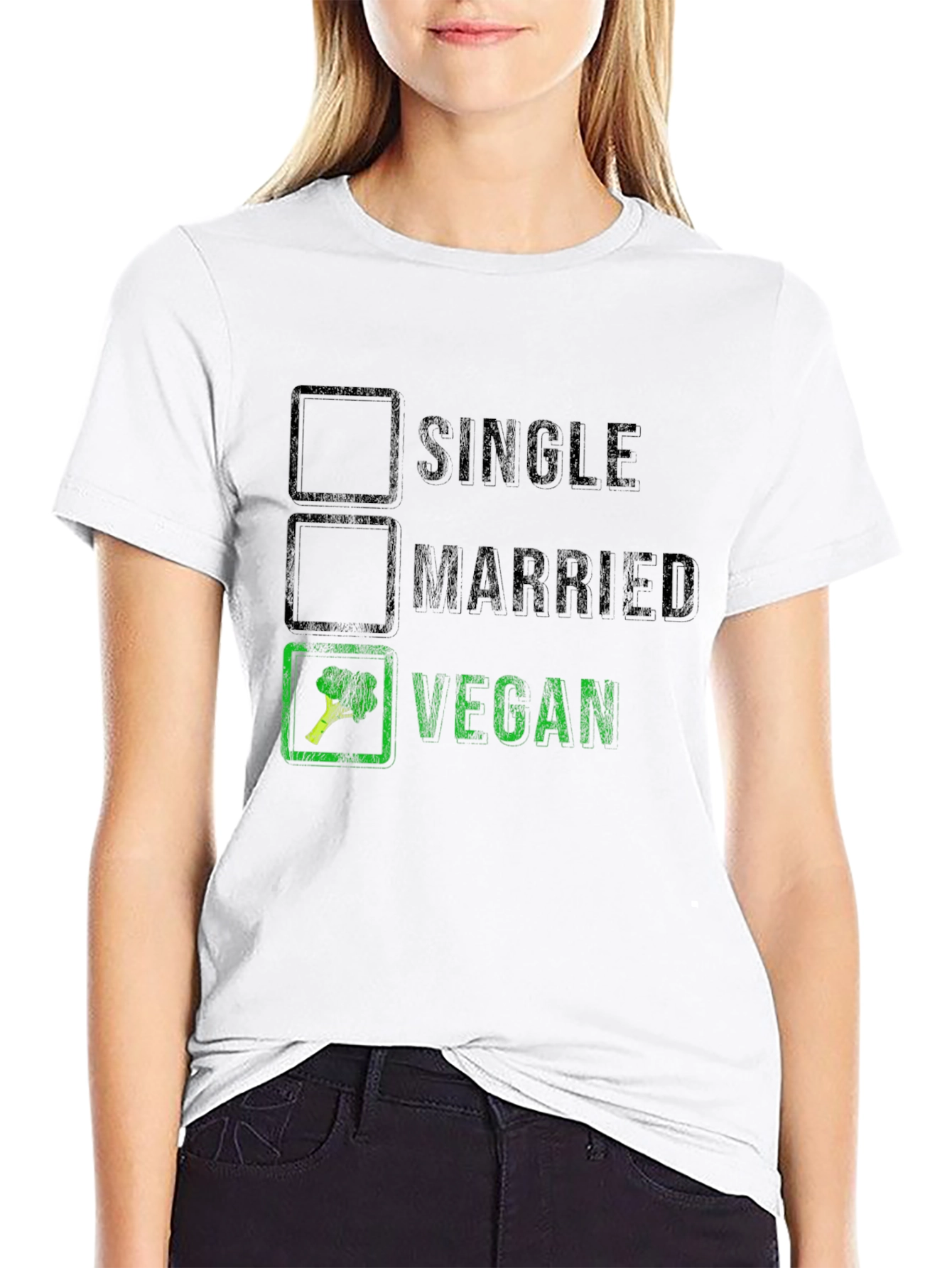 Funny Vegan T-Shirt: Single Married Vegan Checkbox Tee