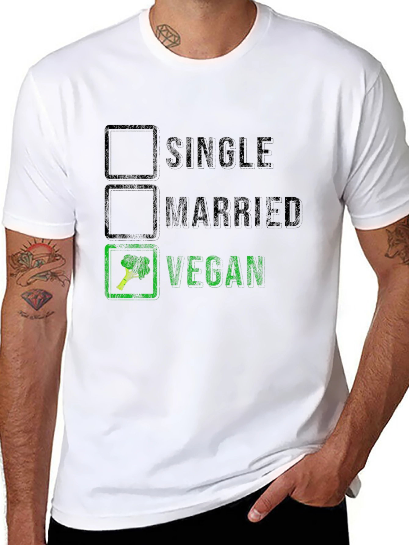 Funny Vegan T-Shirt: Single Married Vegan Checkbox Tee