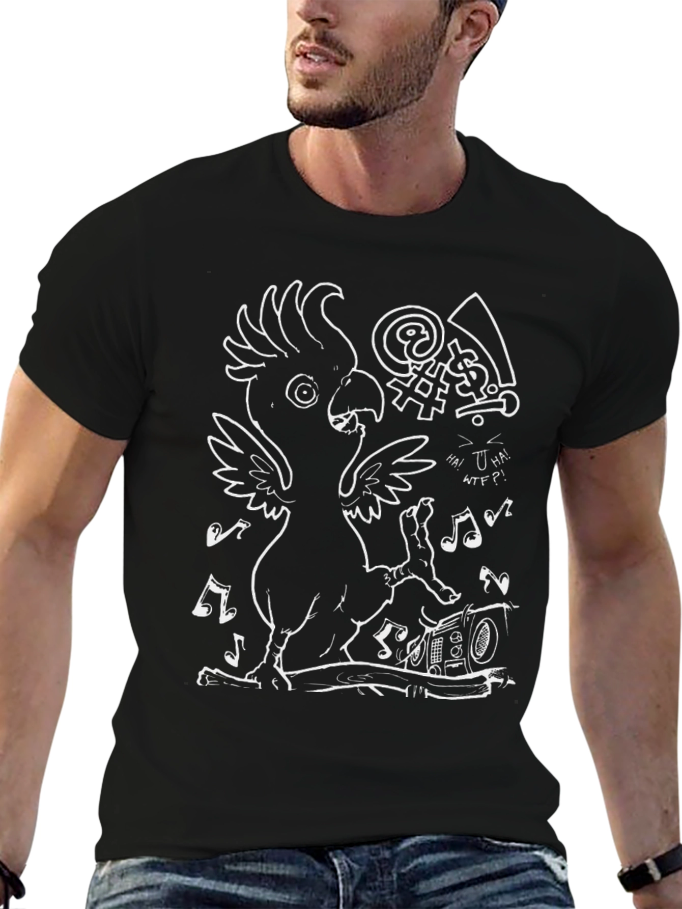 Cockatoo T-Shirt - White Graphic Print on Black