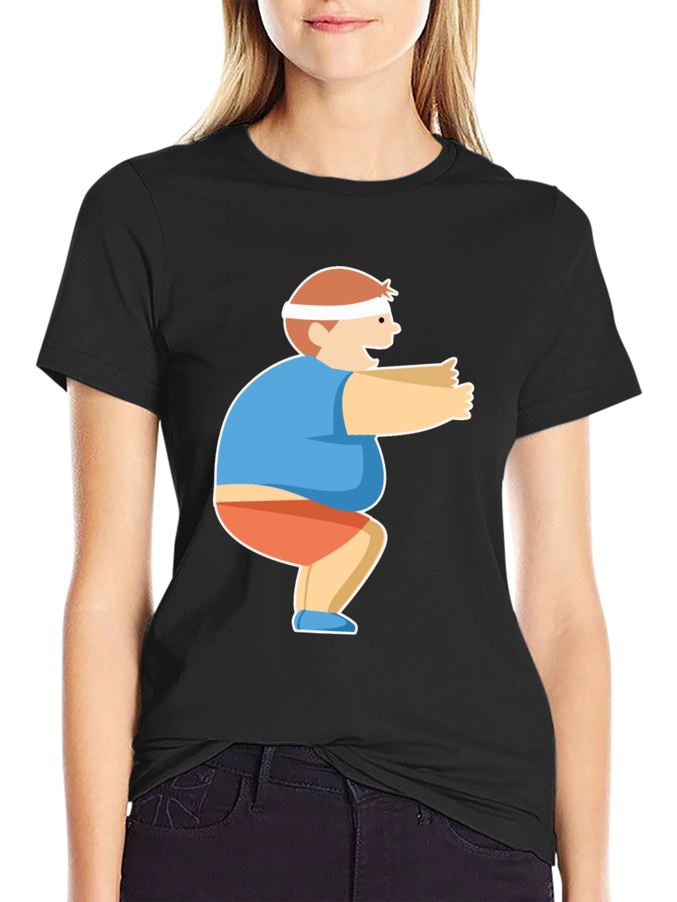 Squatting Cartoon Character Black T-Shirt