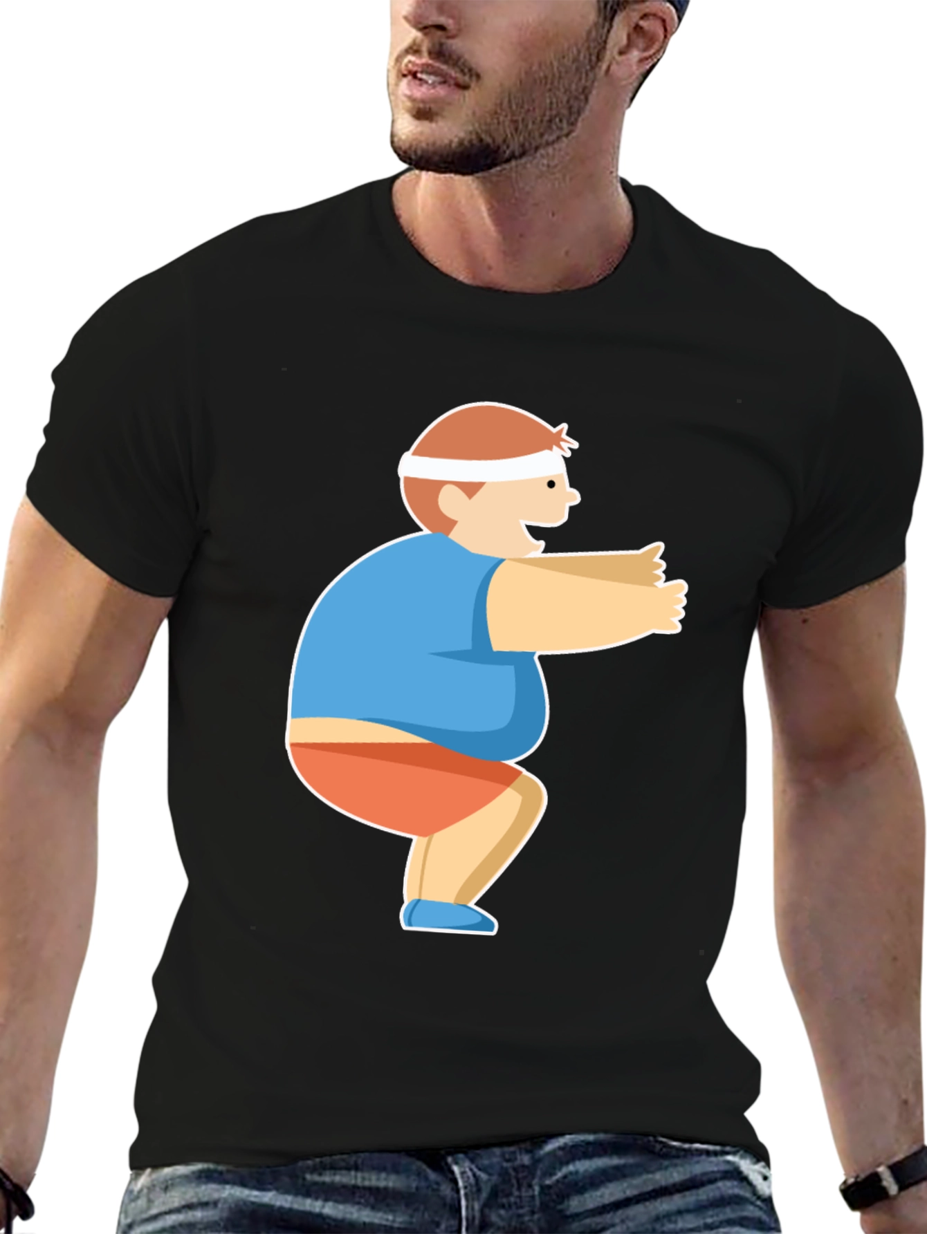 Squatting Cartoon Character Black T-Shirt