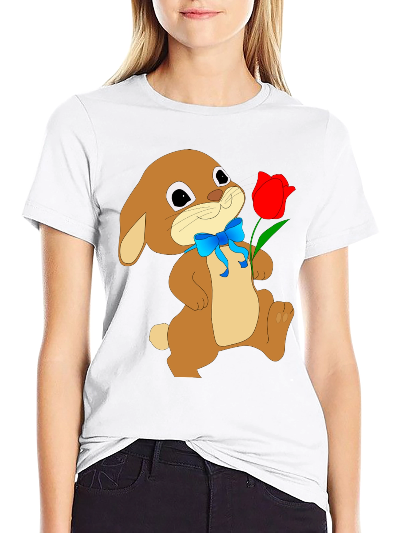 Bunny & Tulip Graphic Tee - Soft Black Cotton