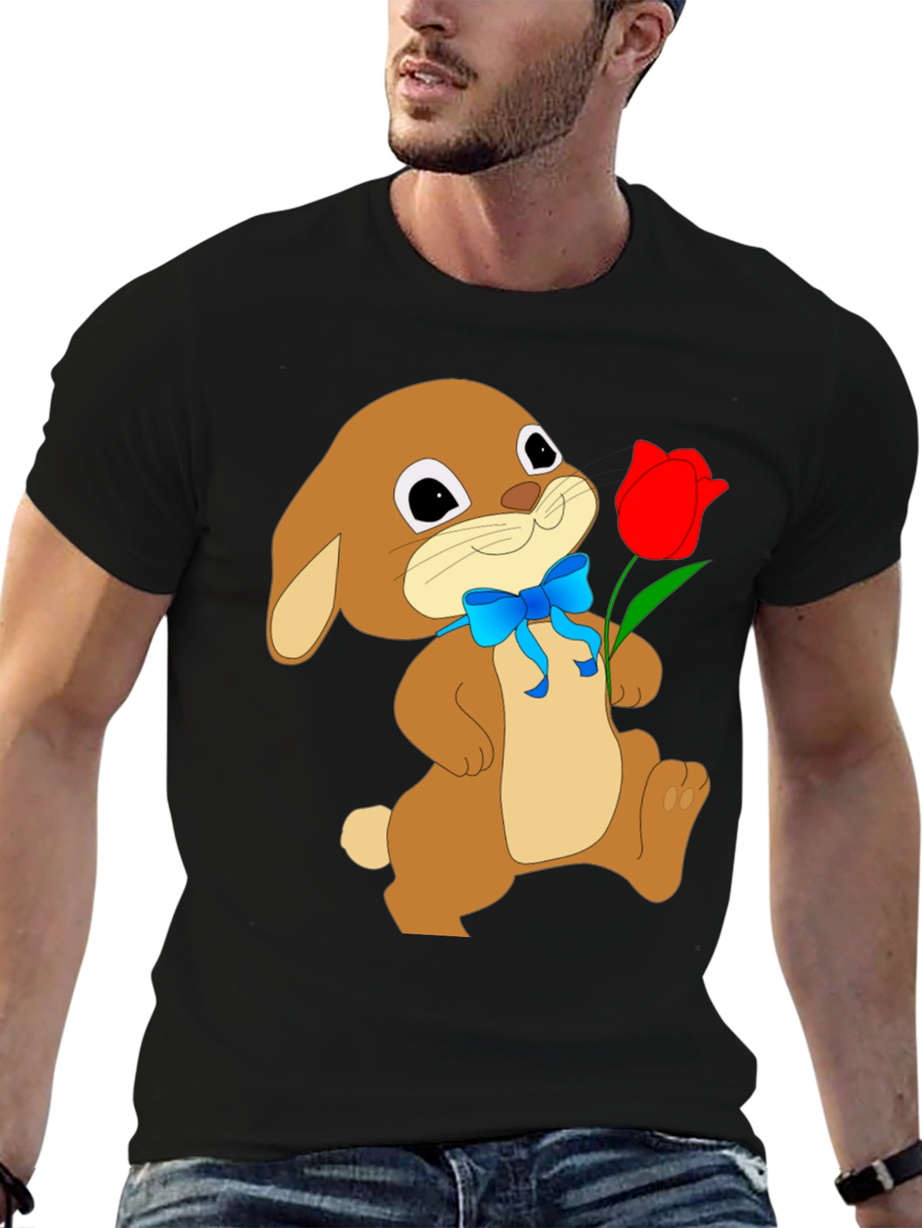 Bunny & Tulip Graphic Tee - Soft Black Cotton