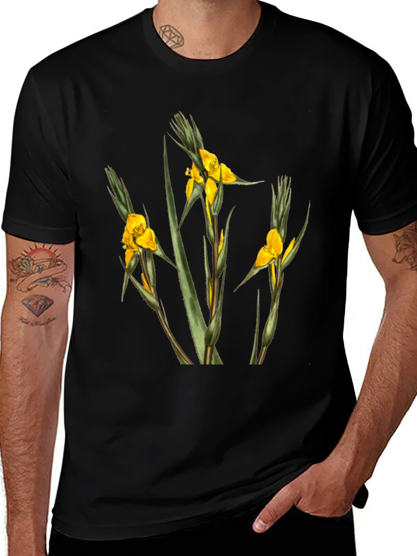 Botanical Yellow Flower Graphic Black T-Shirt