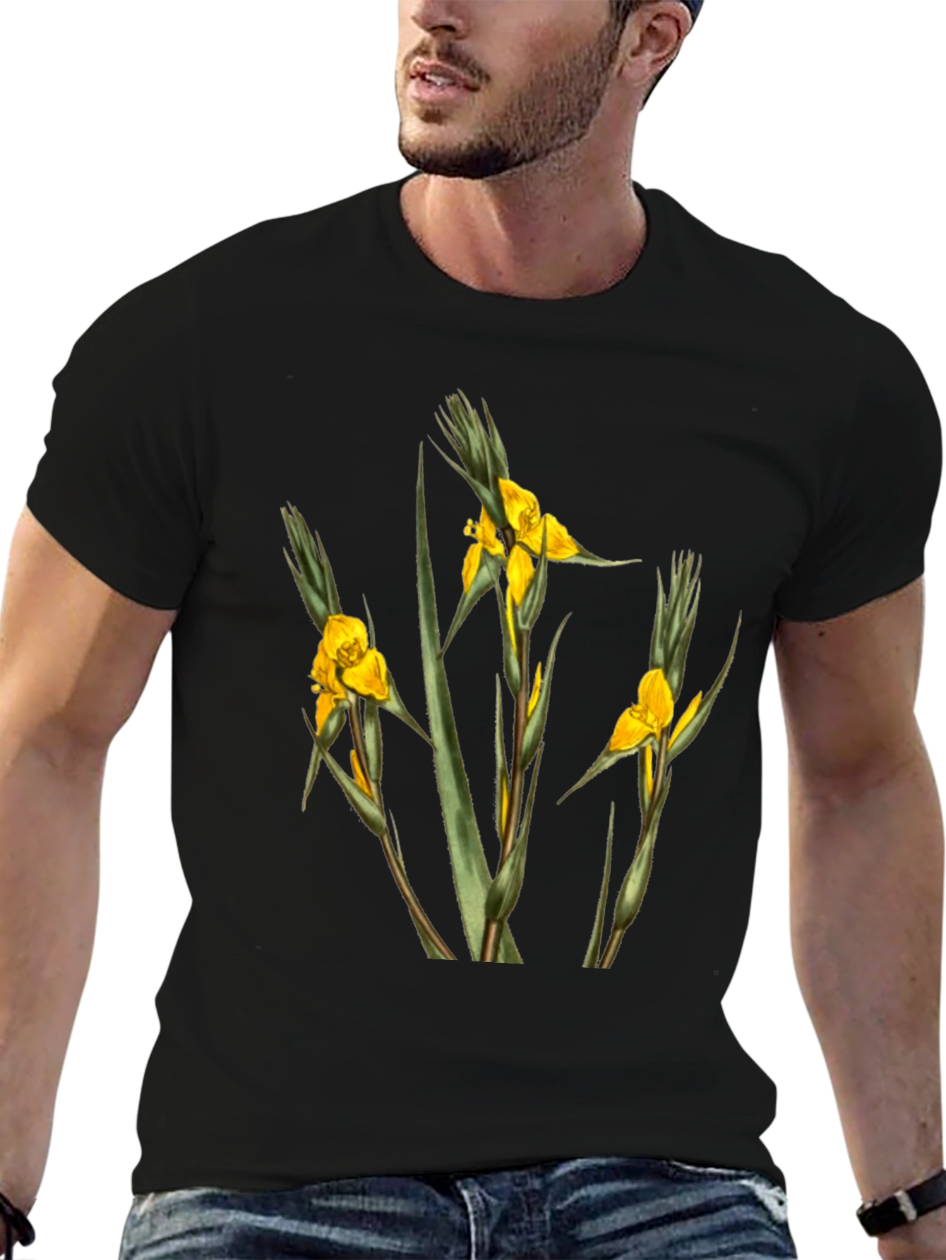 Botanical Yellow Flower Graphic Black T-Shirt