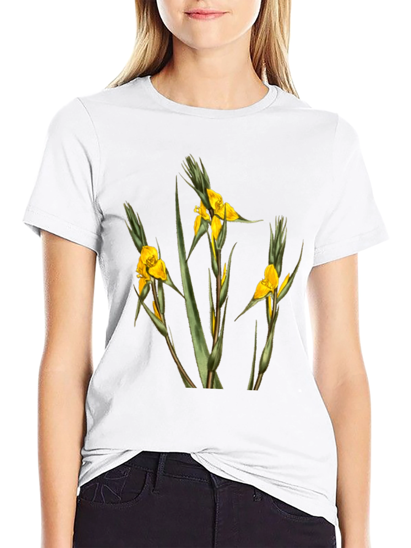 Botanical Yellow Flower Graphic Black T-Shirt