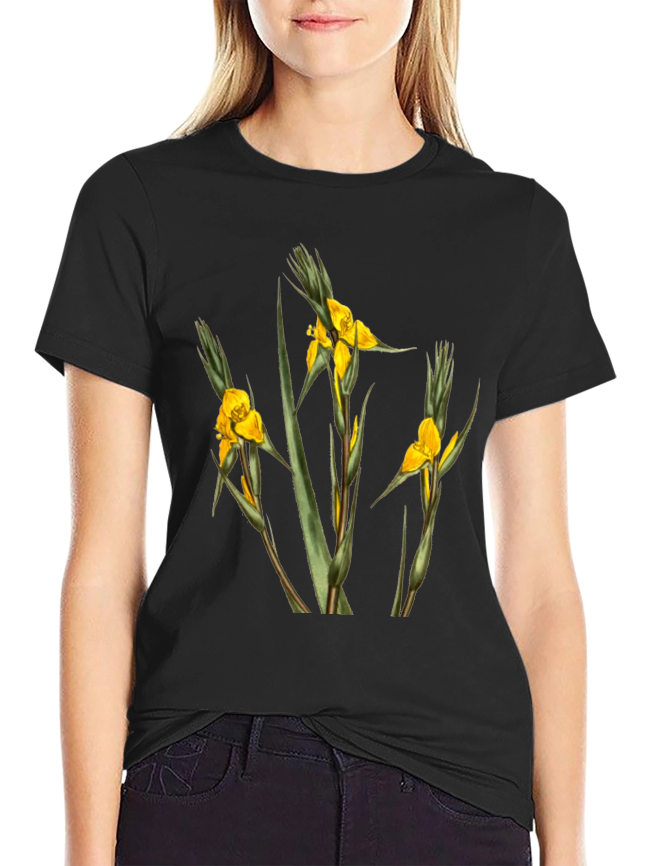 Botanical Yellow Flower Graphic Black T-Shirt