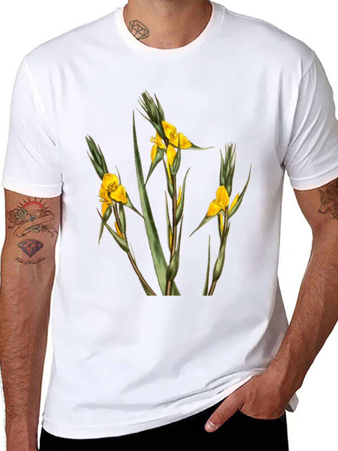 Botanical Yellow Flower Graphic Black T-Shirt