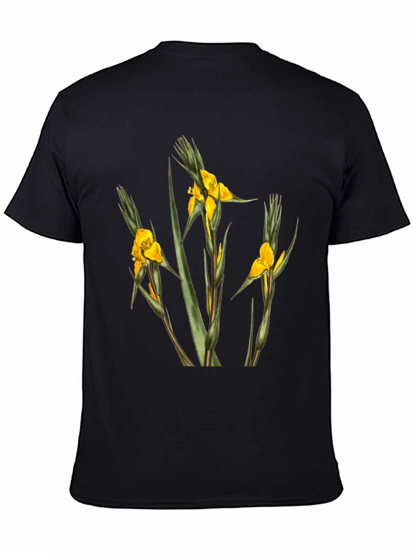 Botanical Yellow Flower Graphic Black T-Shirt