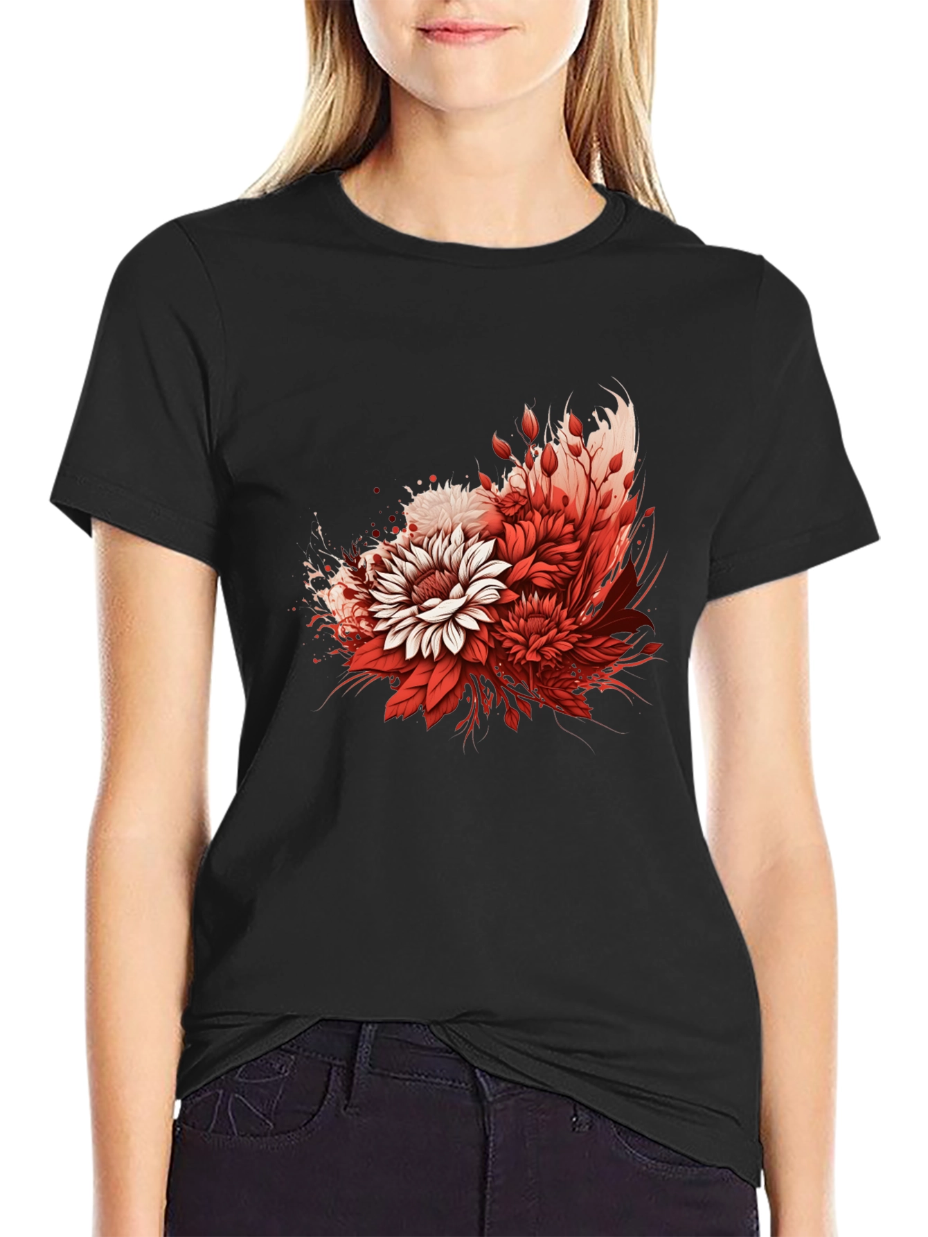 Floral Graphic Print Black T-Shirt