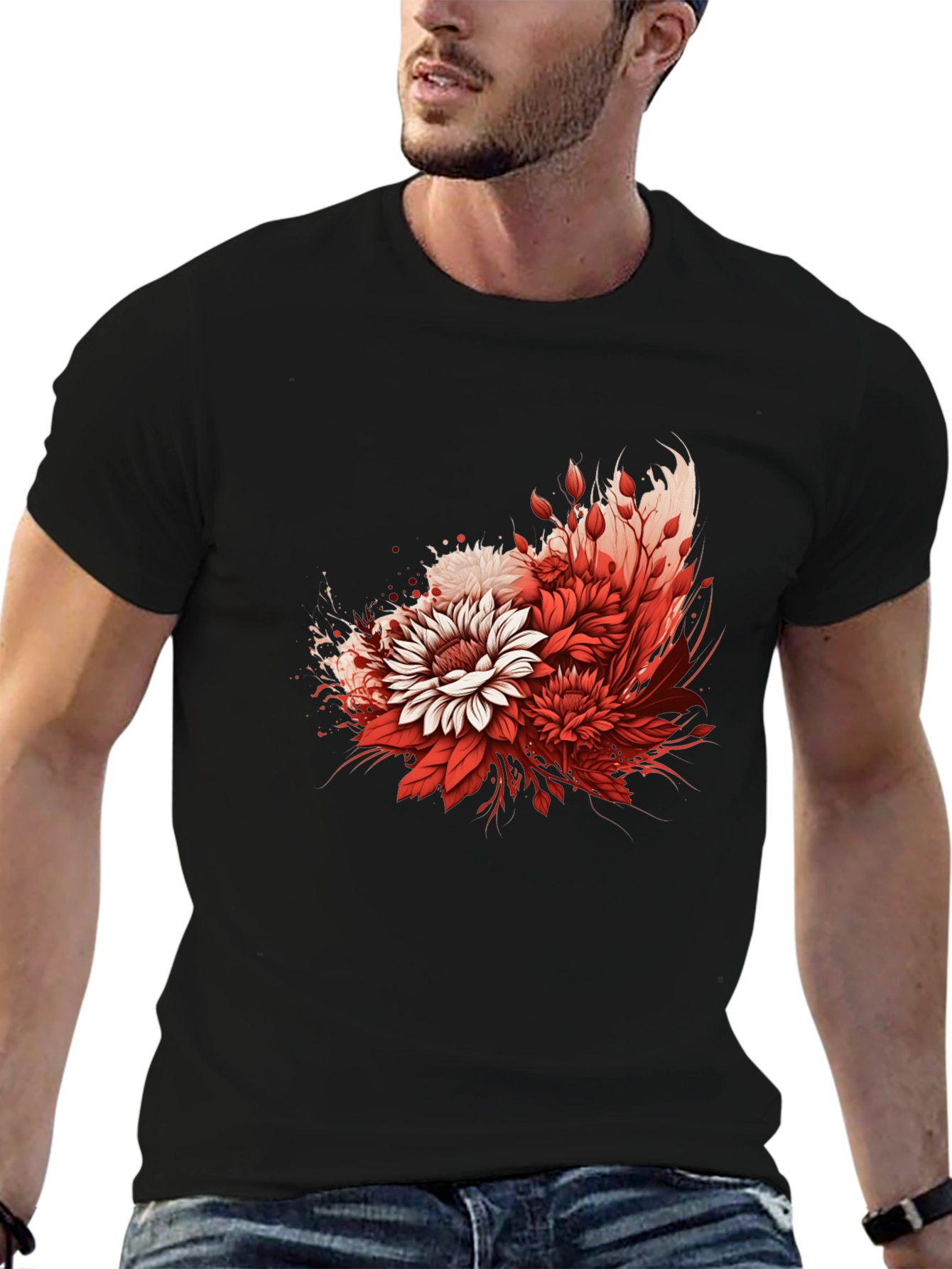 Floral Graphic Print Black T-Shirt