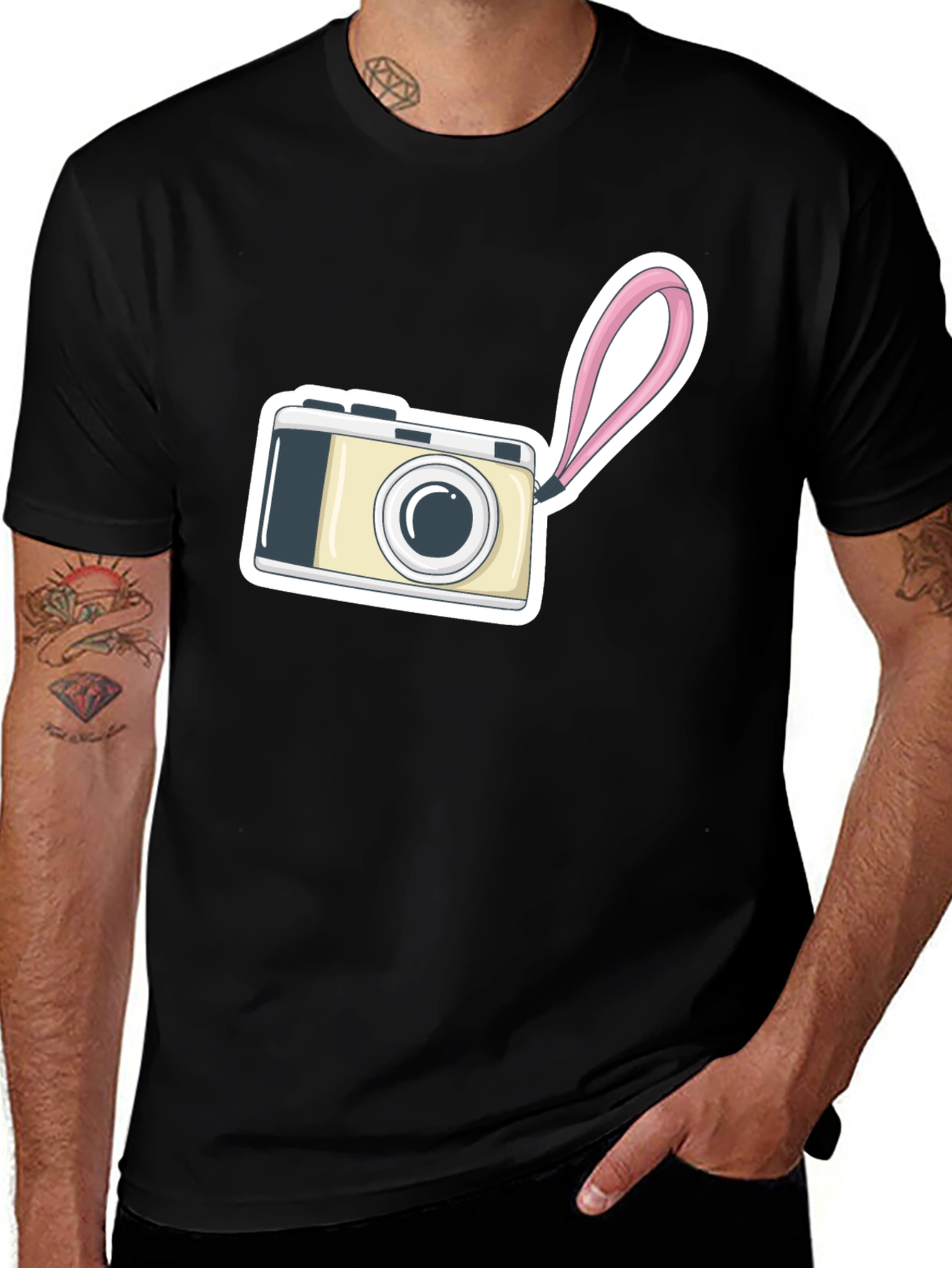 Black T-Shirt with Camera Graphic Print