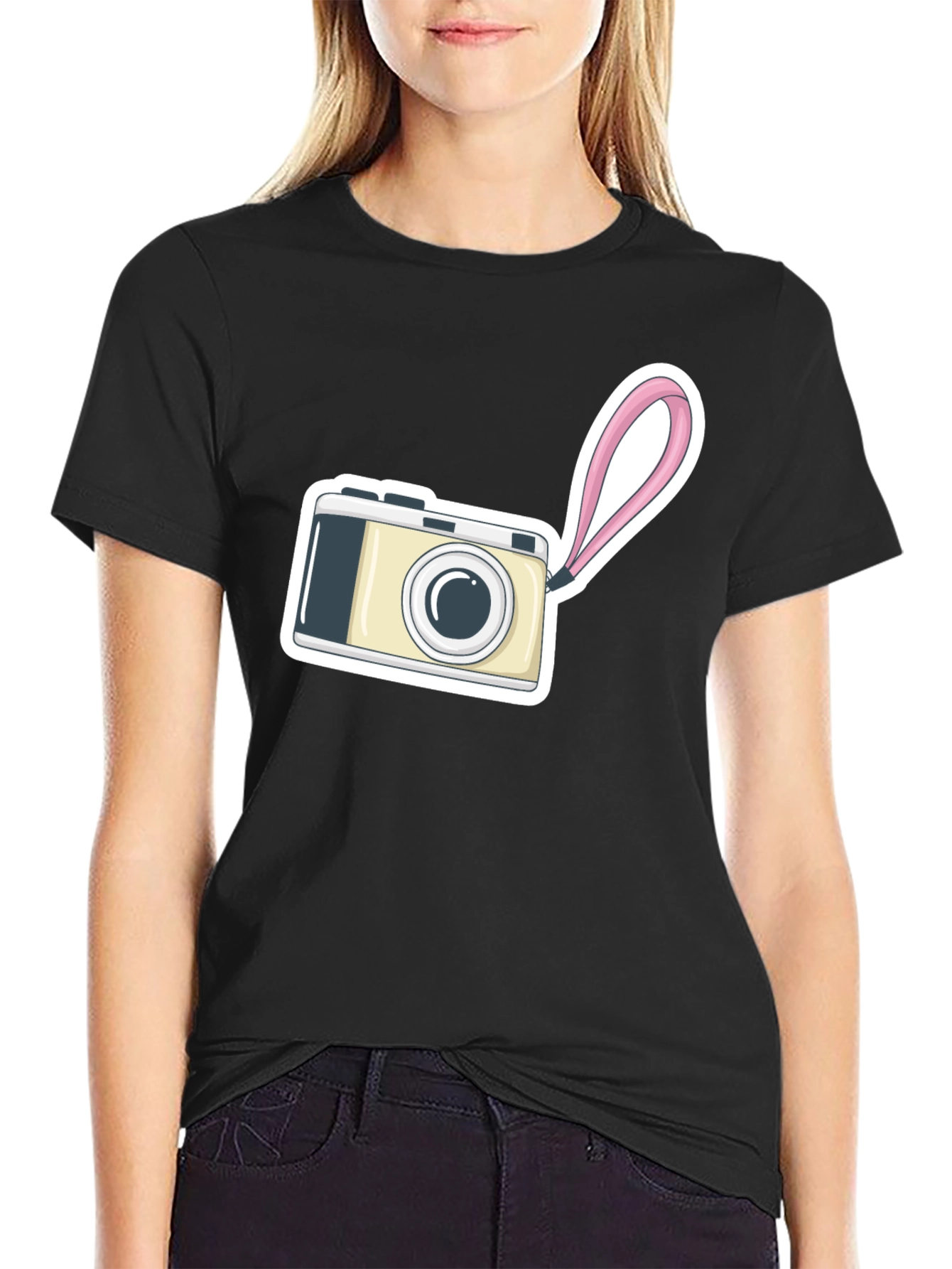 Black T-Shirt with Camera Graphic Print