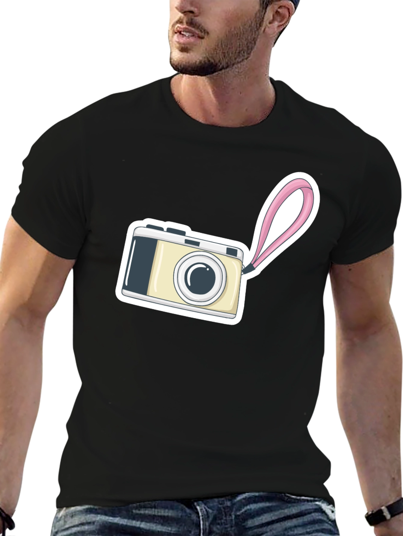 Black T-Shirt with Camera Graphic Print