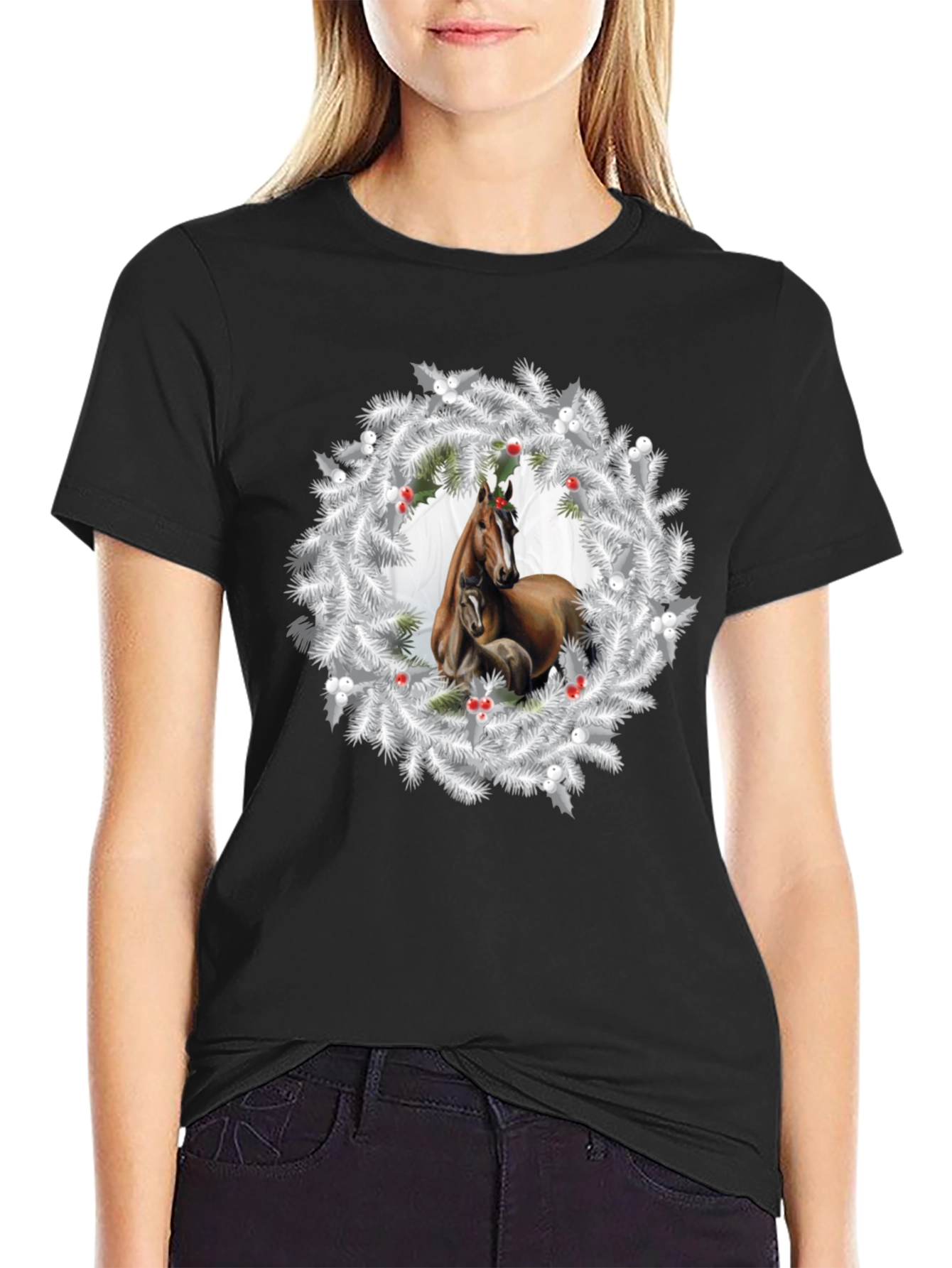 Horse Christmas Wreath Black T-Shirt