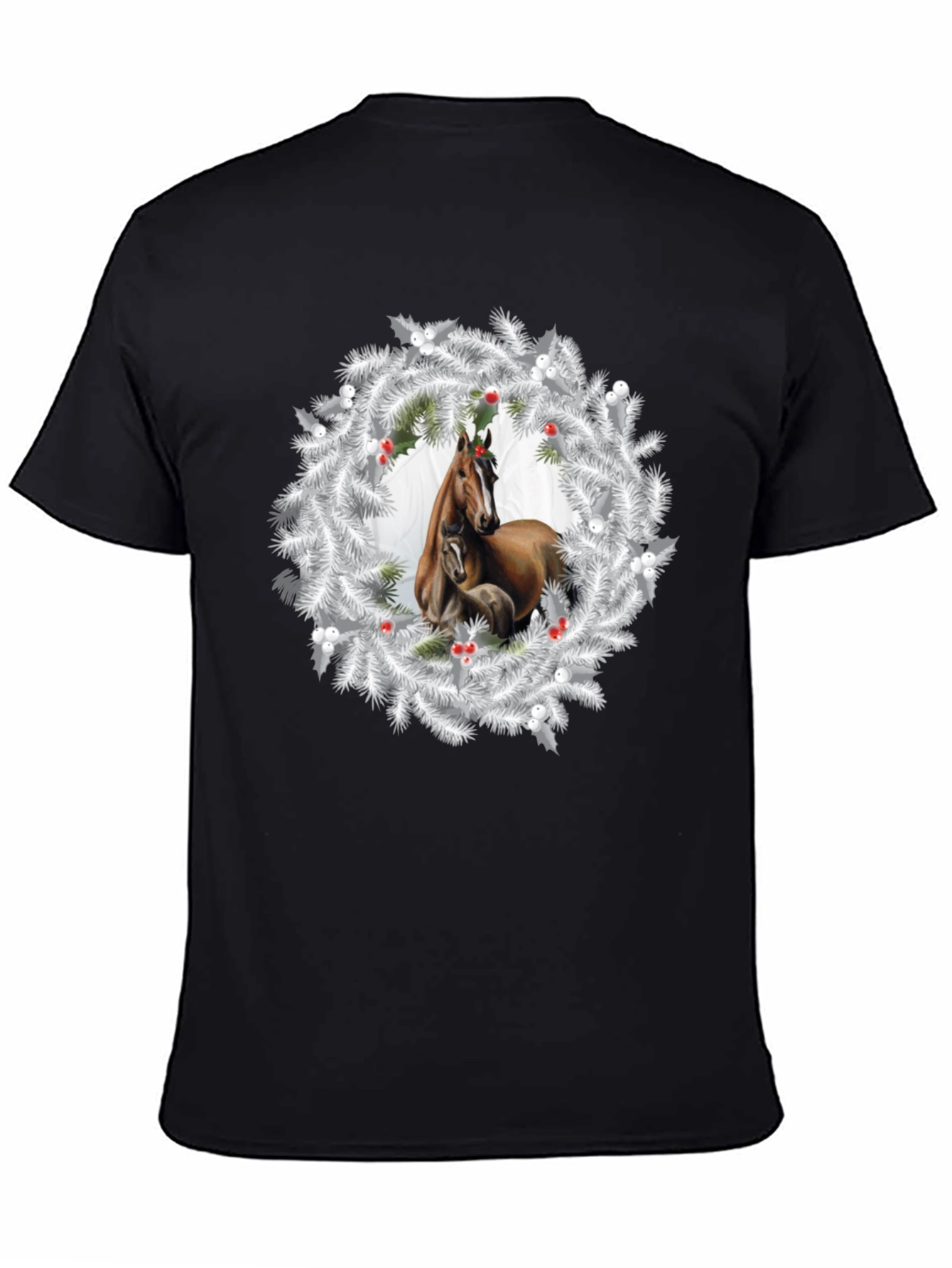 Horse Christmas Wreath Black T-Shirt