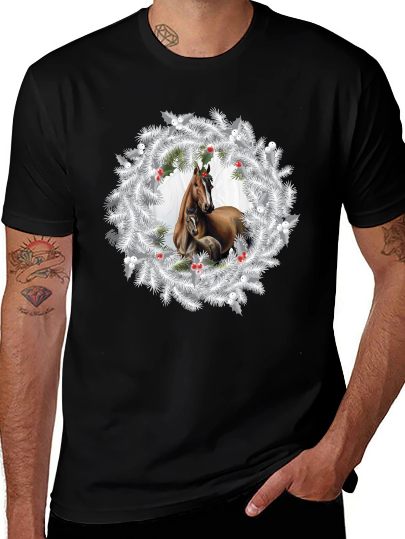 Horse Christmas Wreath Black T-Shirt