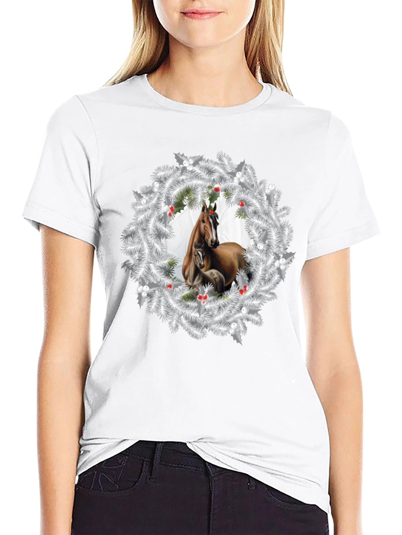 Horse Christmas Wreath Black T-Shirt