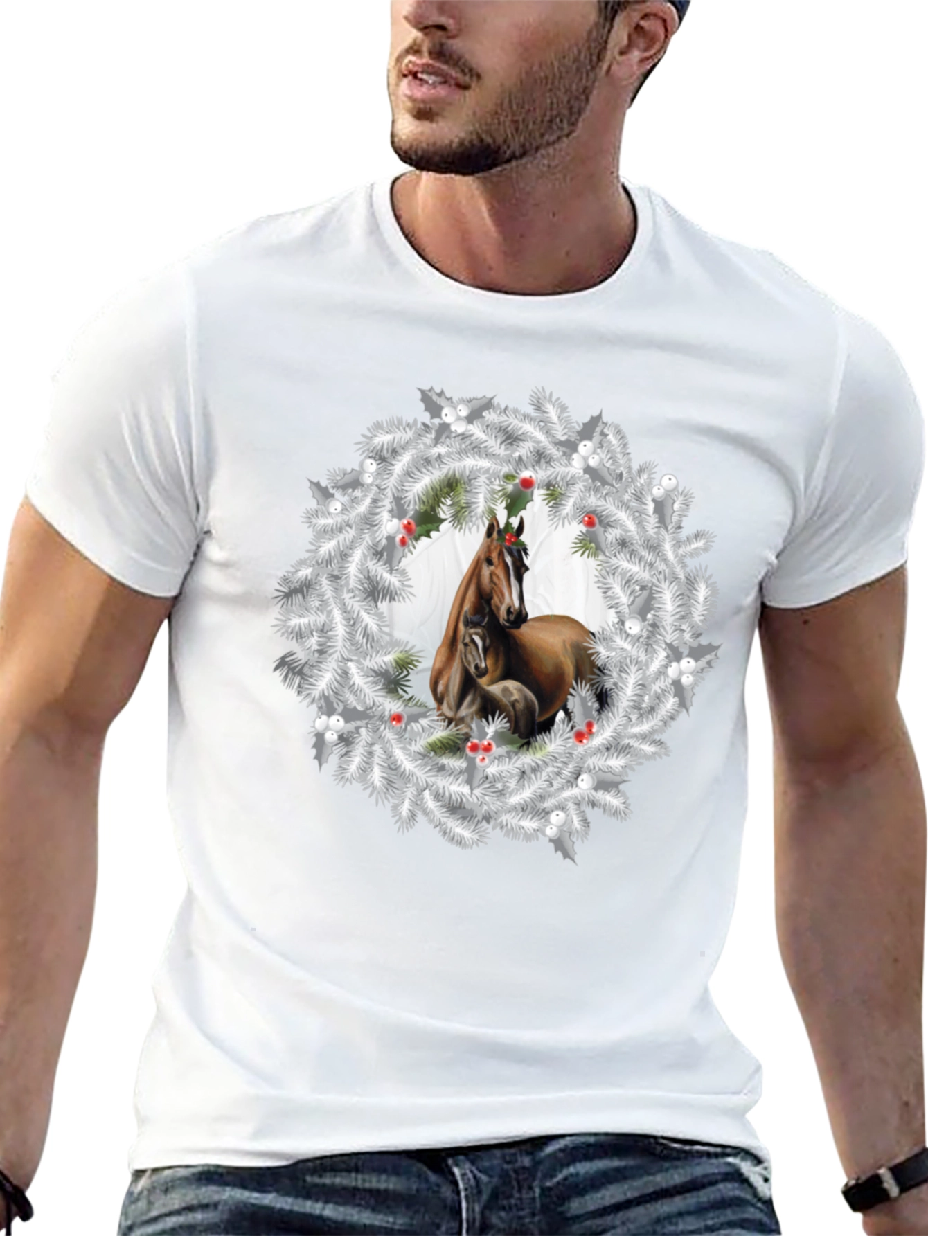 Horse Christmas Wreath Black T-Shirt