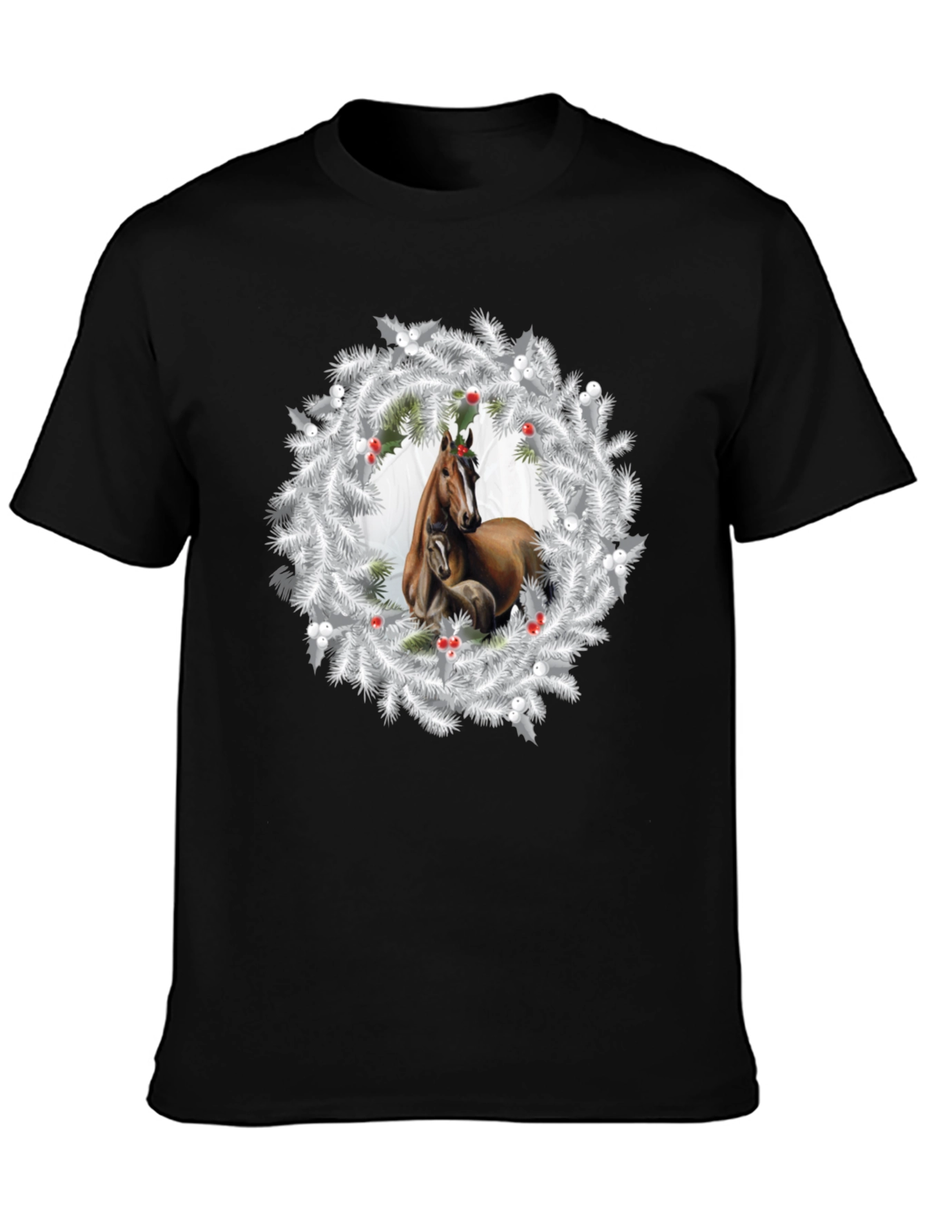 Horse Christmas Wreath Black T-Shirt