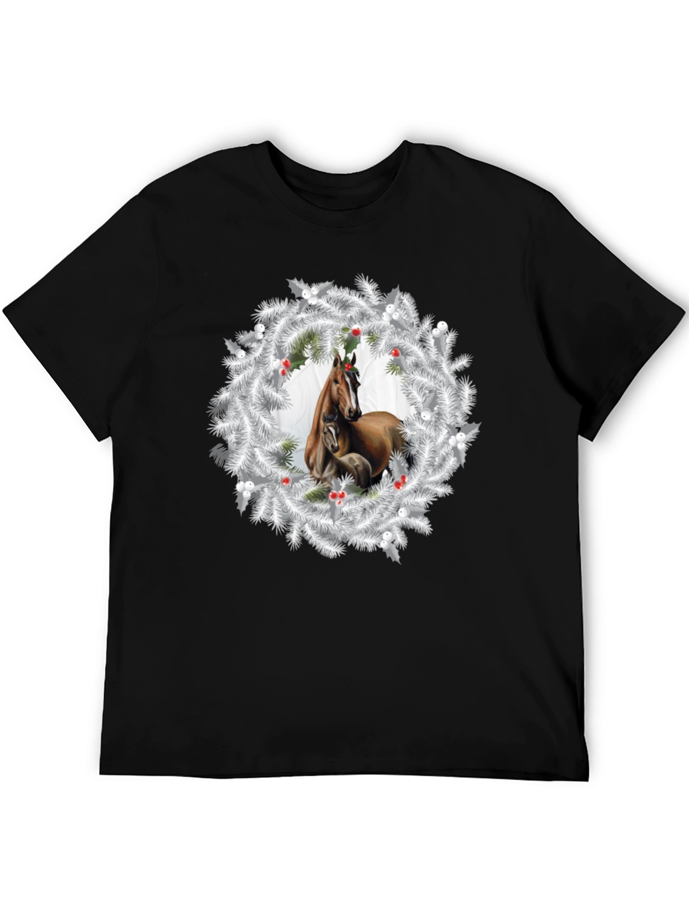 Horse Christmas Wreath Black T-Shirt