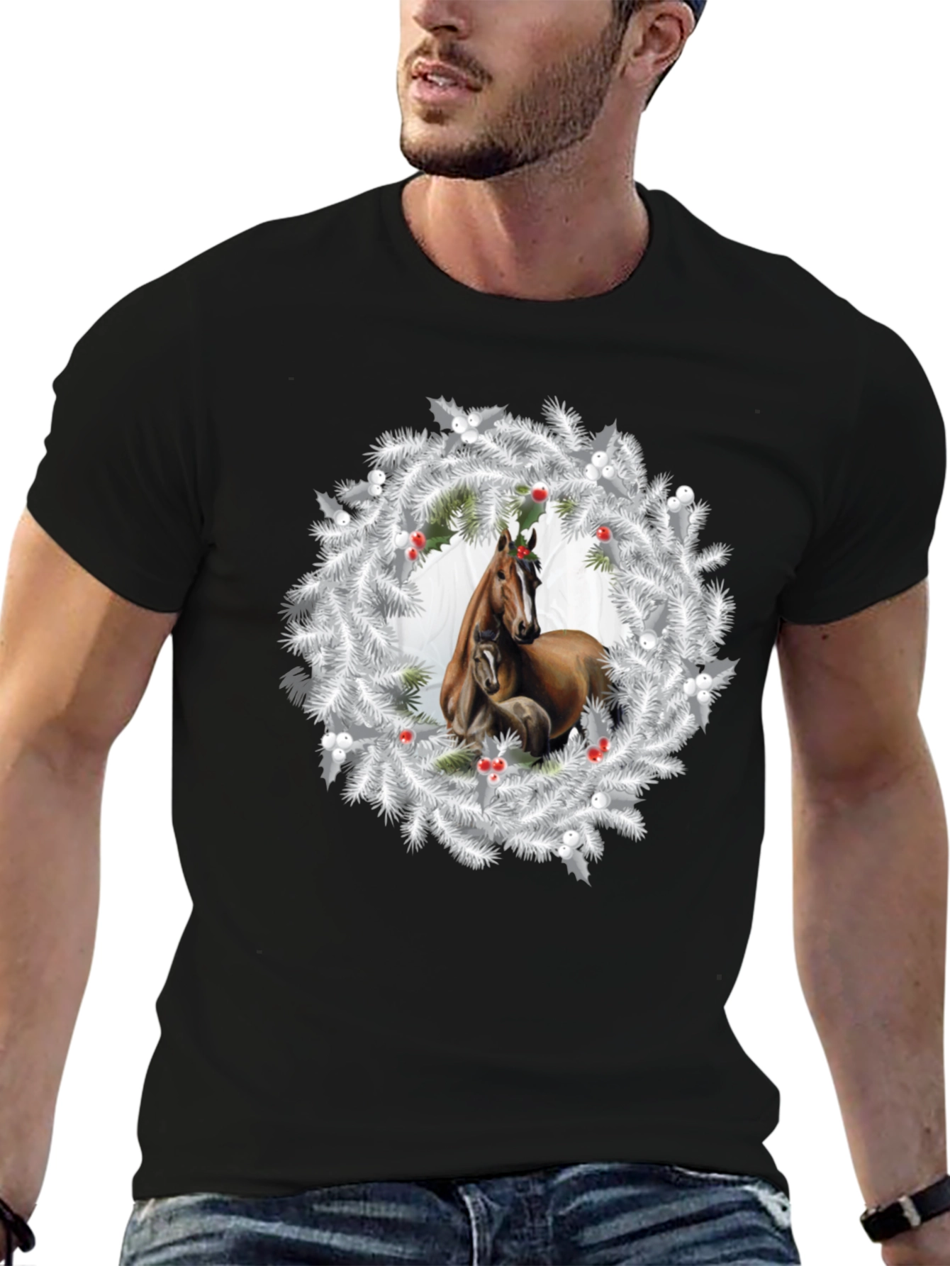 Horse Christmas Wreath Black T-Shirt