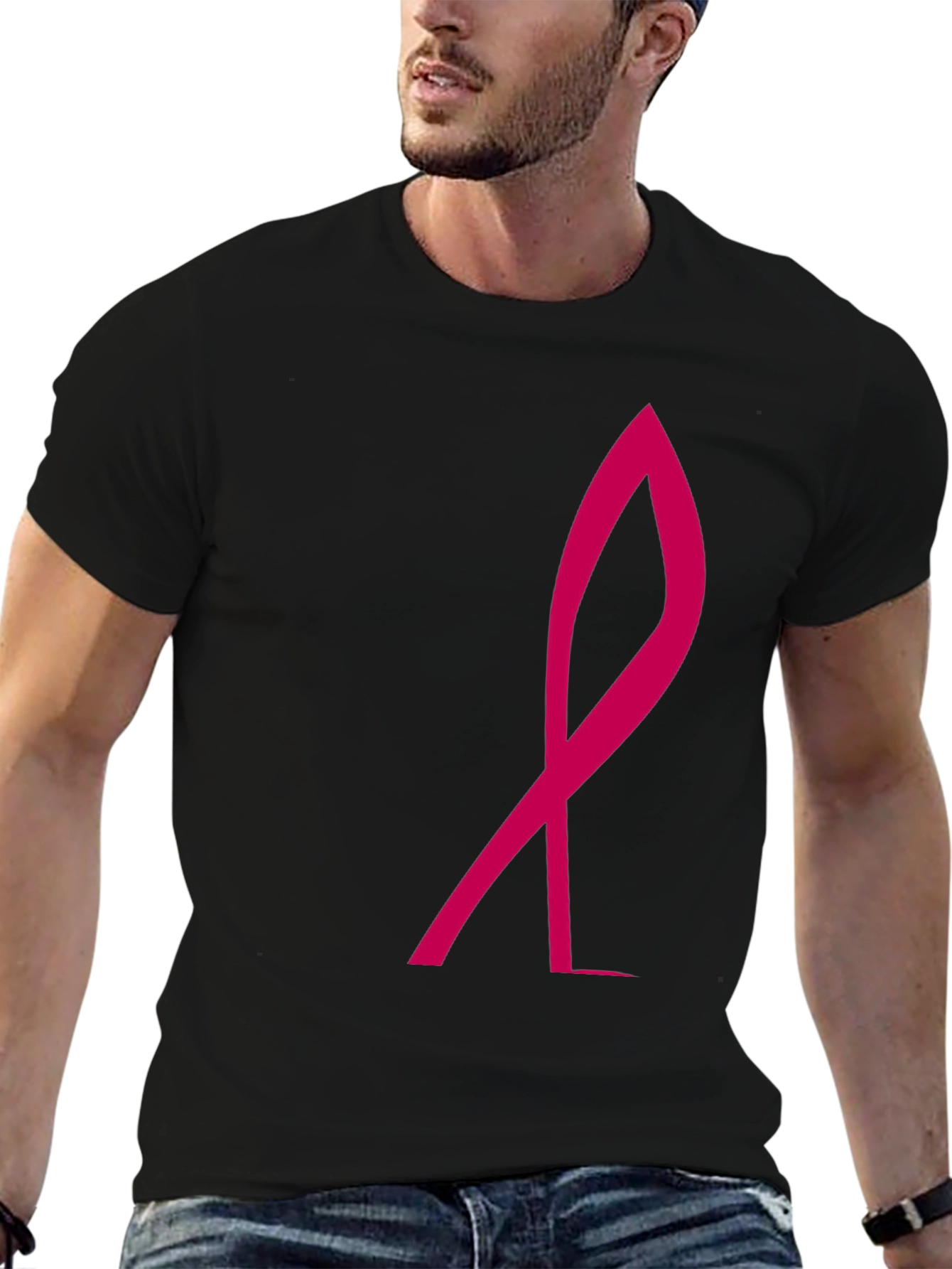 Stylish Black Tee with Pink Ribbon Graphic