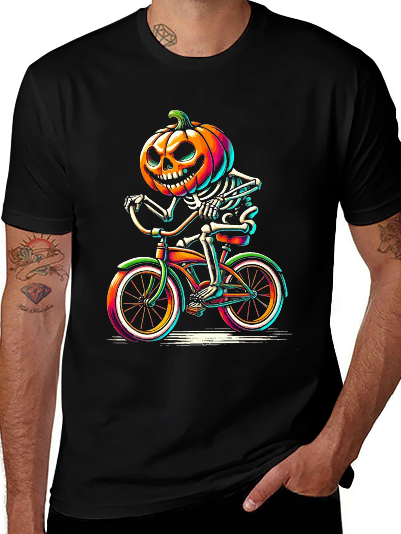 Halloween Pumpkin Skeleton Biker T-Shirt