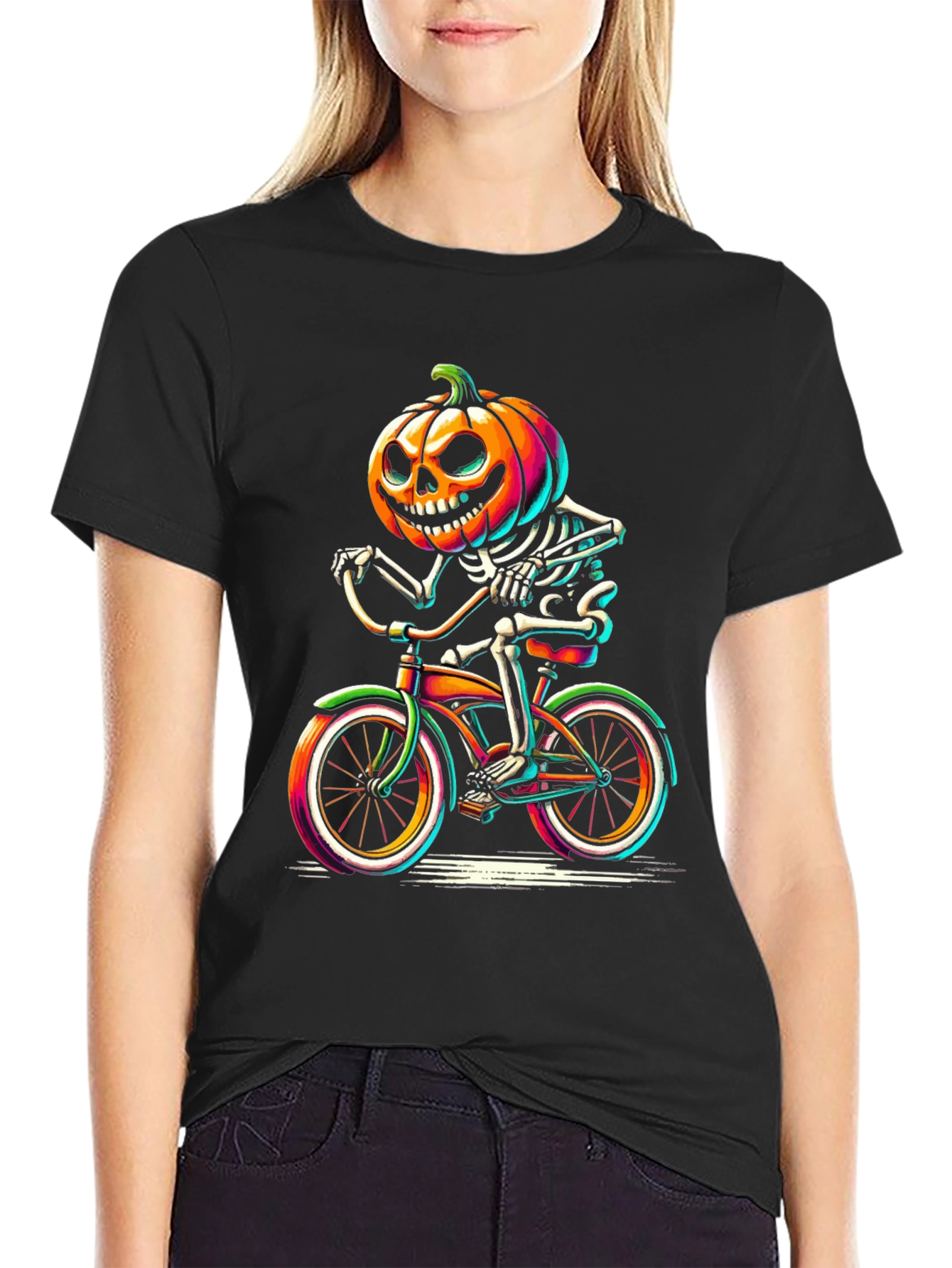 Halloween Pumpkin Skeleton Biker T-Shirt