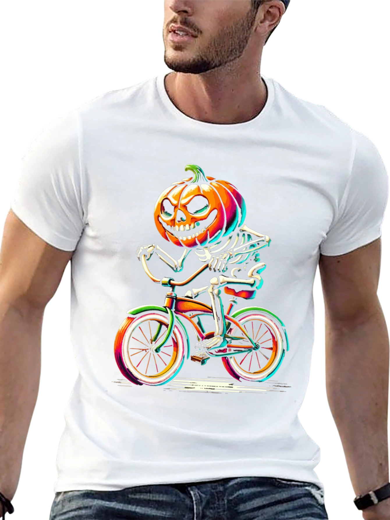 Halloween Pumpkin Skeleton Biker T-Shirt
