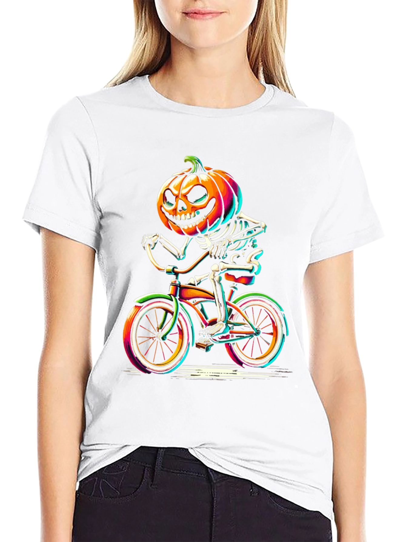 Halloween Pumpkin Skeleton Biker T-Shirt