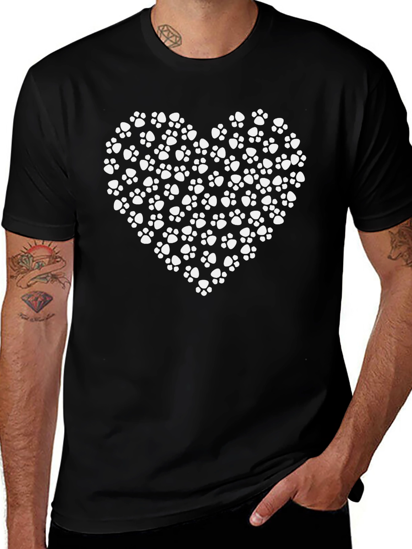 Paw Print Heart Tee - Black Cotton Casual