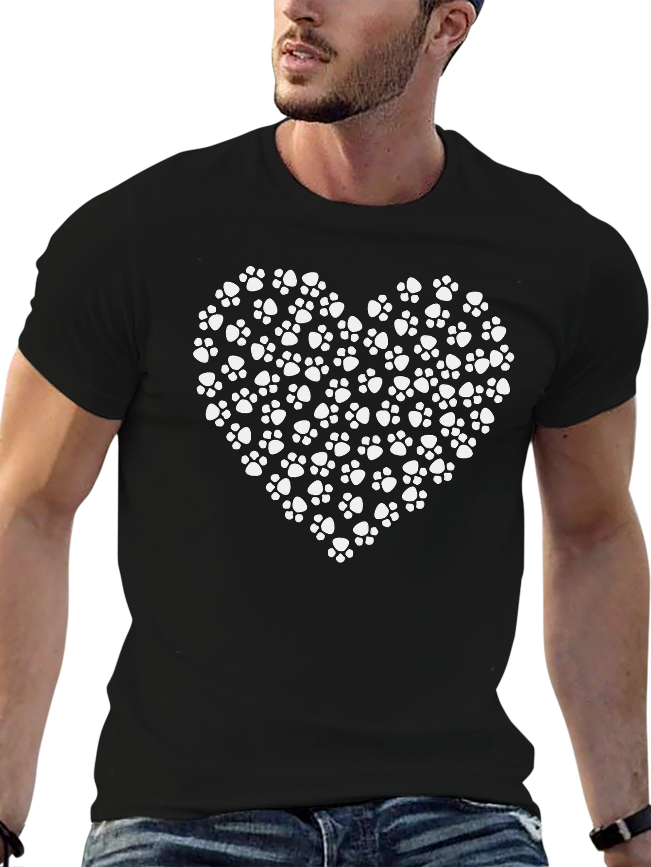 Paw Print Heart Tee - Black Cotton Casual