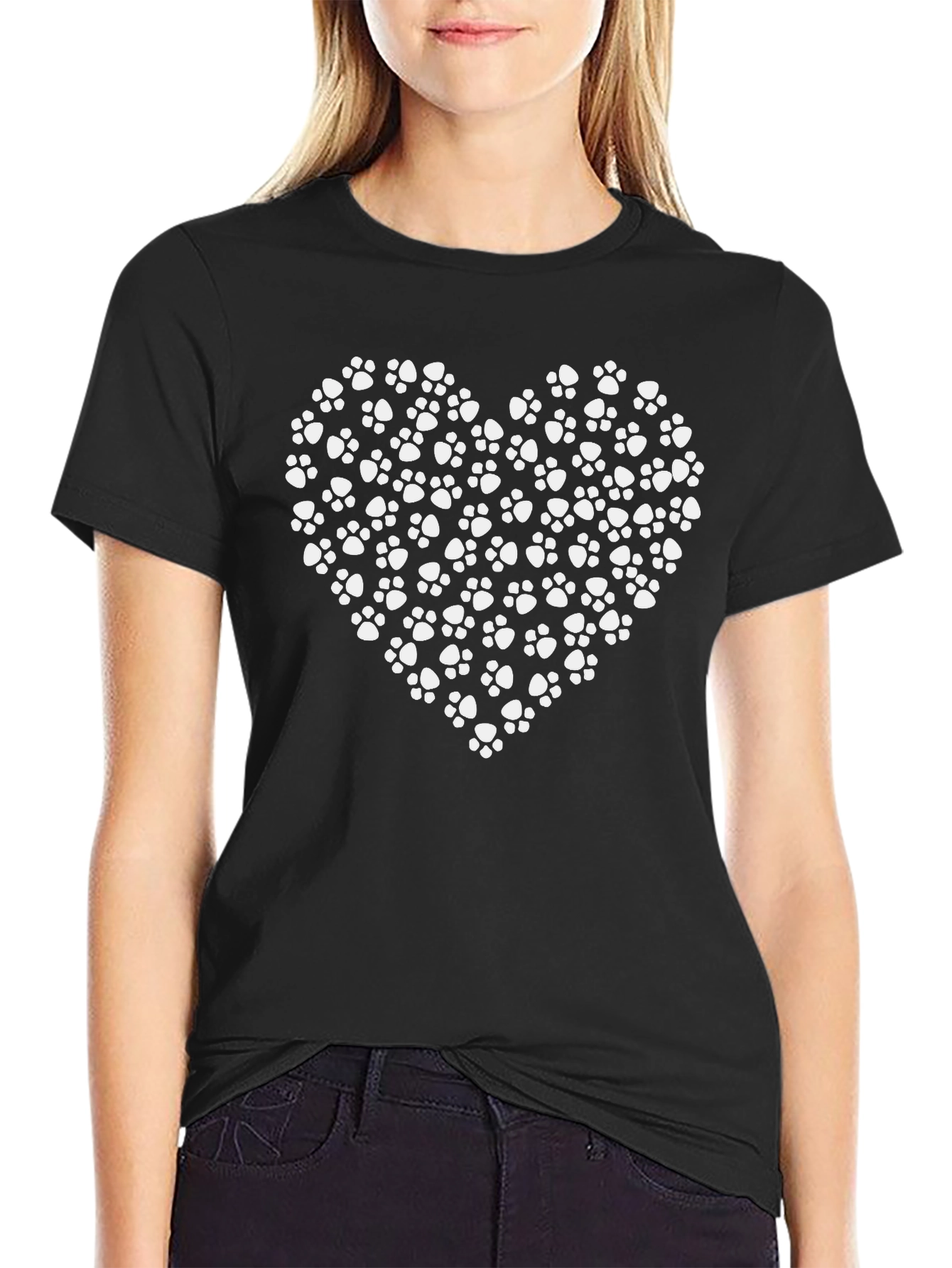 Paw Print Heart Tee - Black Cotton Casual
