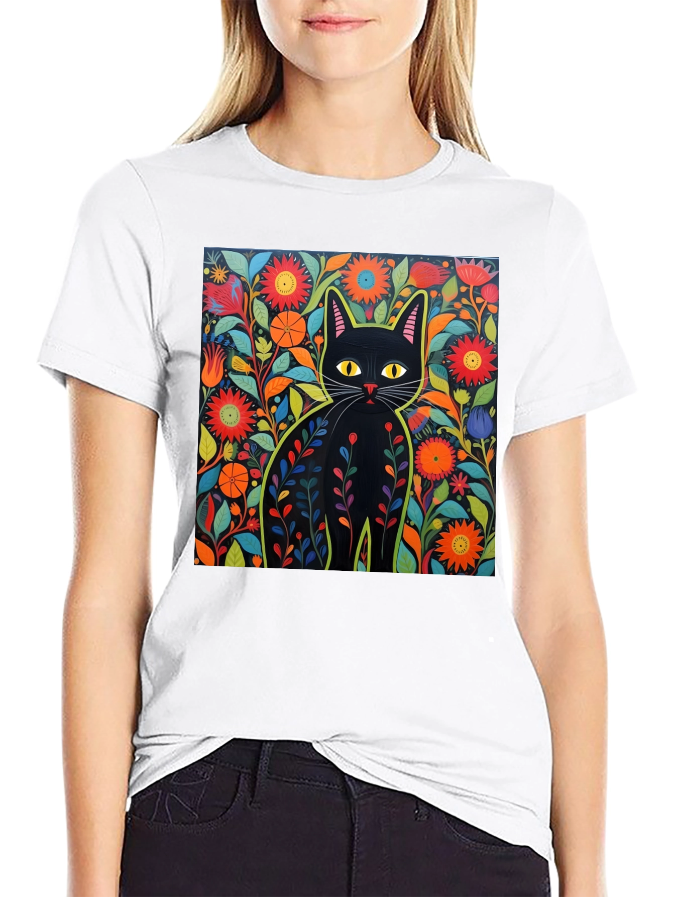 Floral Cat Graphic Tee - Unique Design