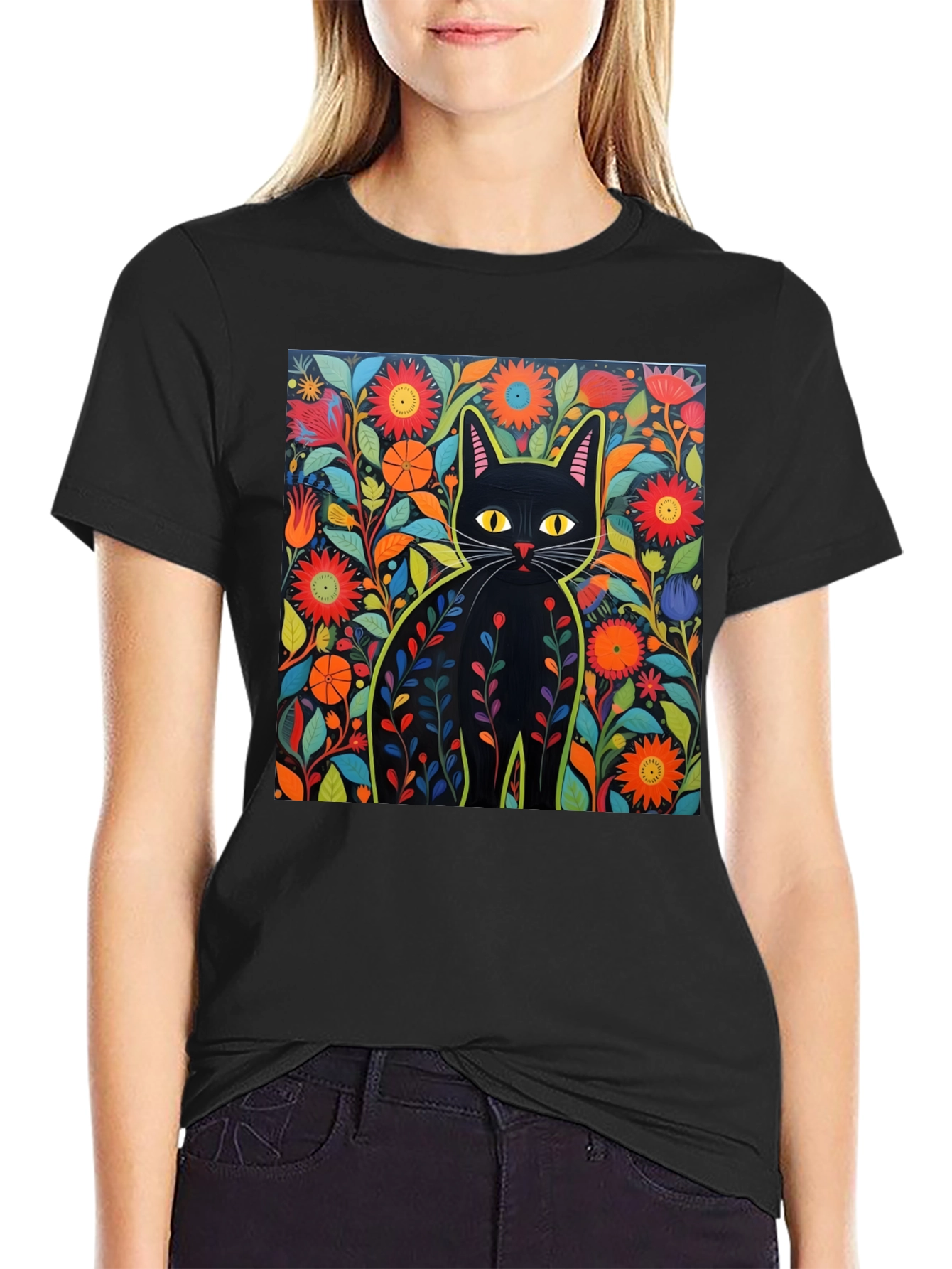 Floral Cat Graphic Tee - Unique Design