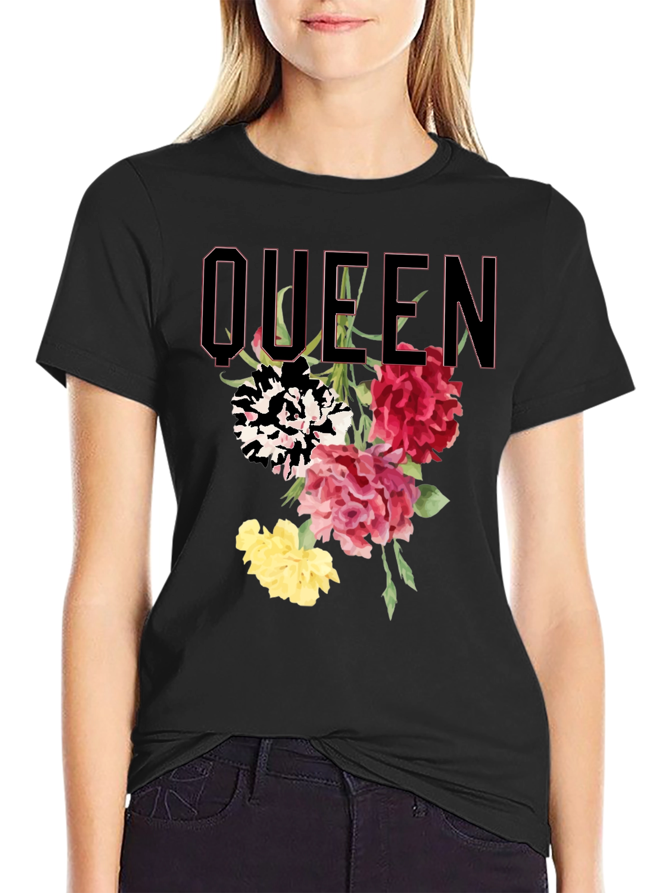 Queen Floral Print Black T-Shirt