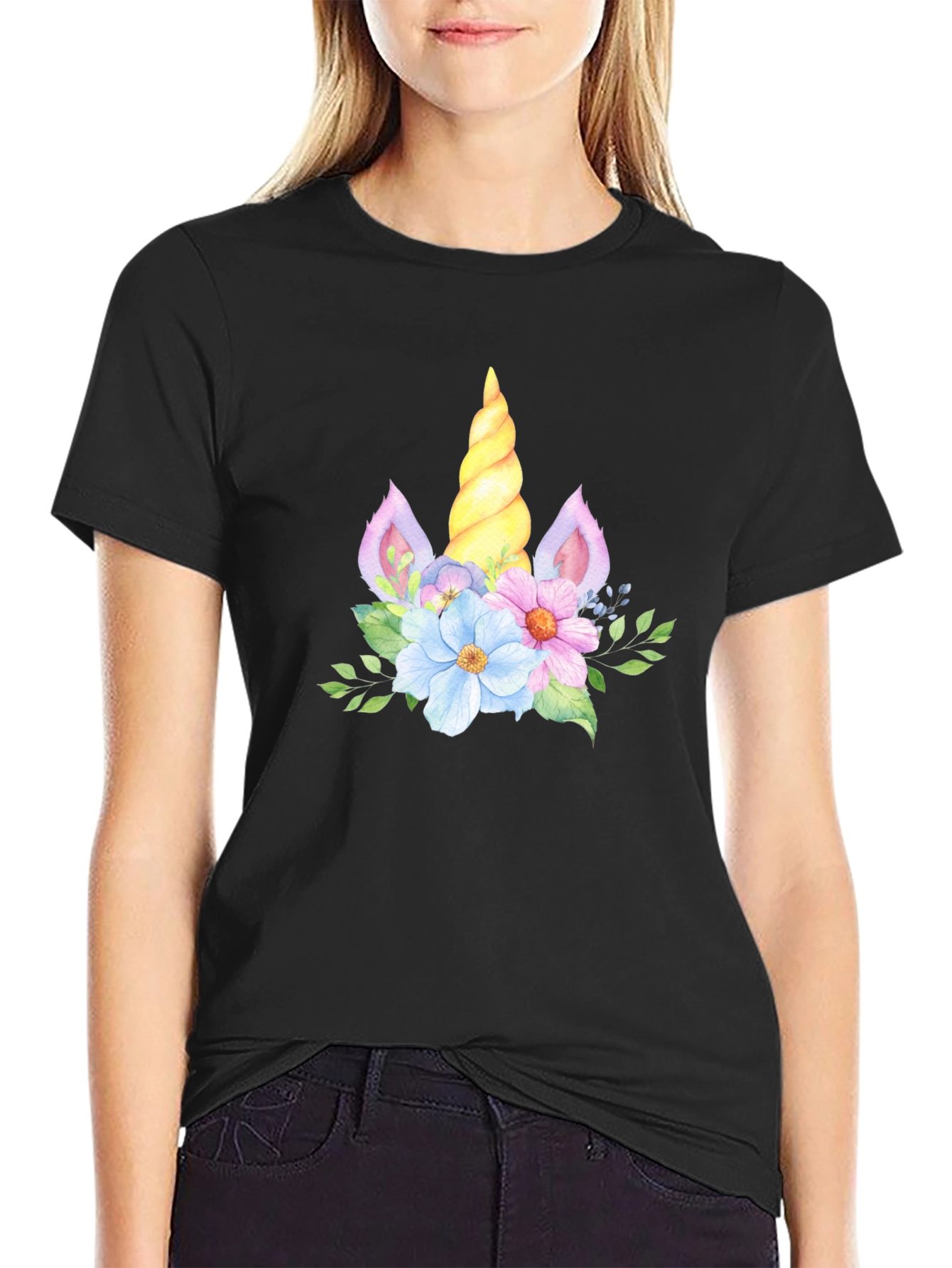 Unicorn Floral T-Shirt - Black