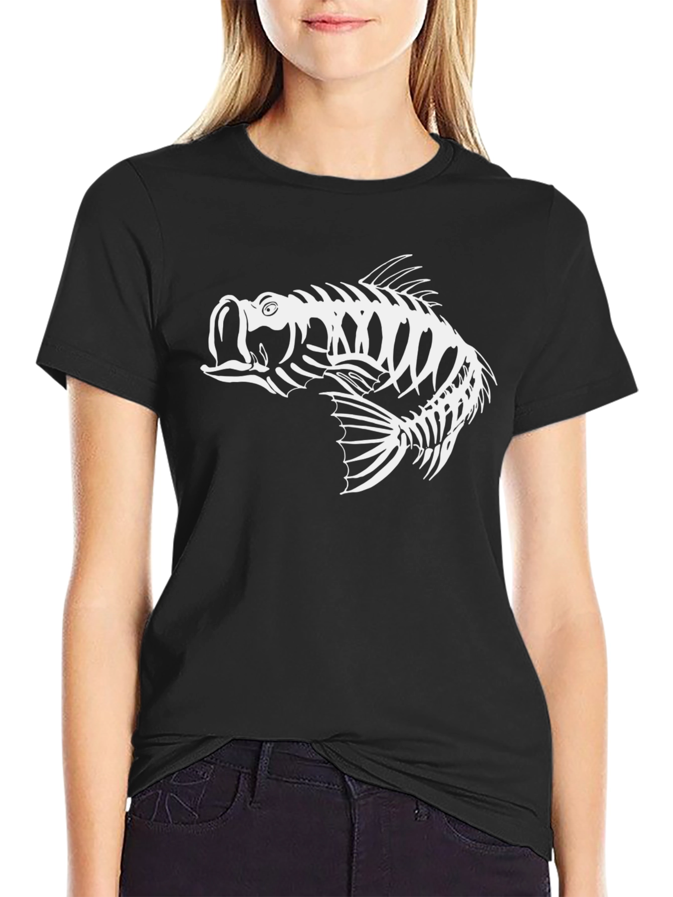 Skeleton Fish Graphic Tee - Black Cotton T-Shirt