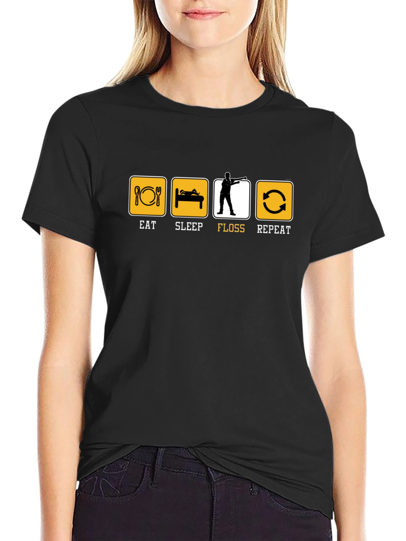 Eat Sleep Floss Repeat T-Shirt - Black Cotton Tee