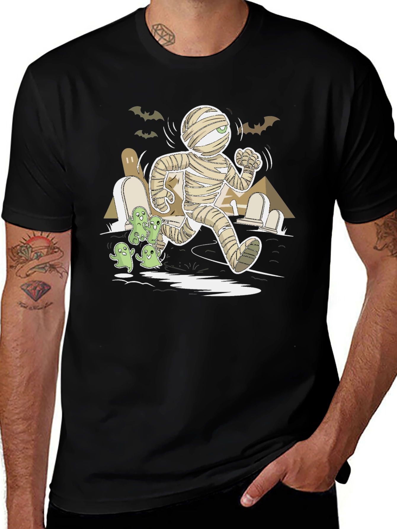 Halloween Mummy Chasing Ghosts Graphic Tee