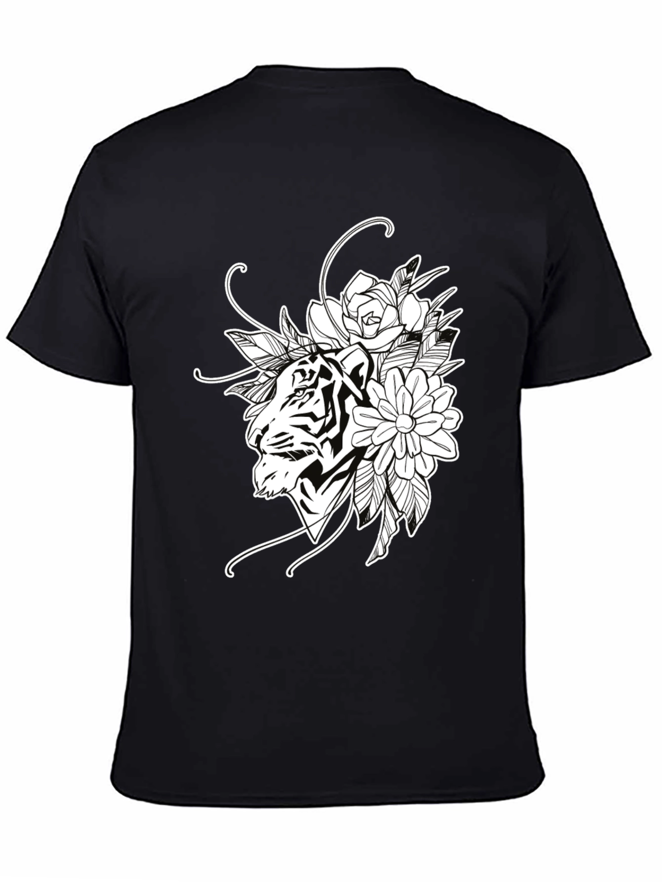 Tiger Floral Print Black Cotton T-Shirt