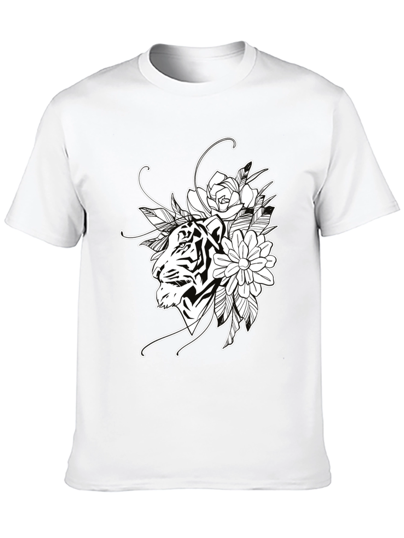Tiger Floral Print Black Cotton T-Shirt