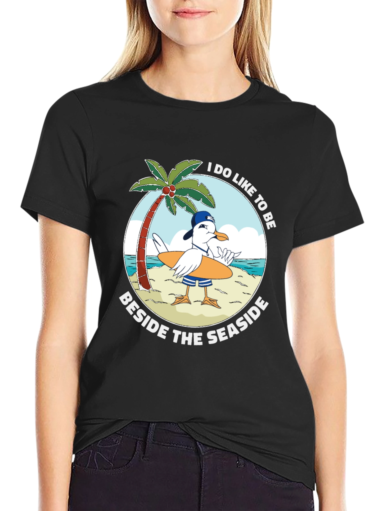 Seaside Seagull Graphic Tee - Black Cotton T-Shirt