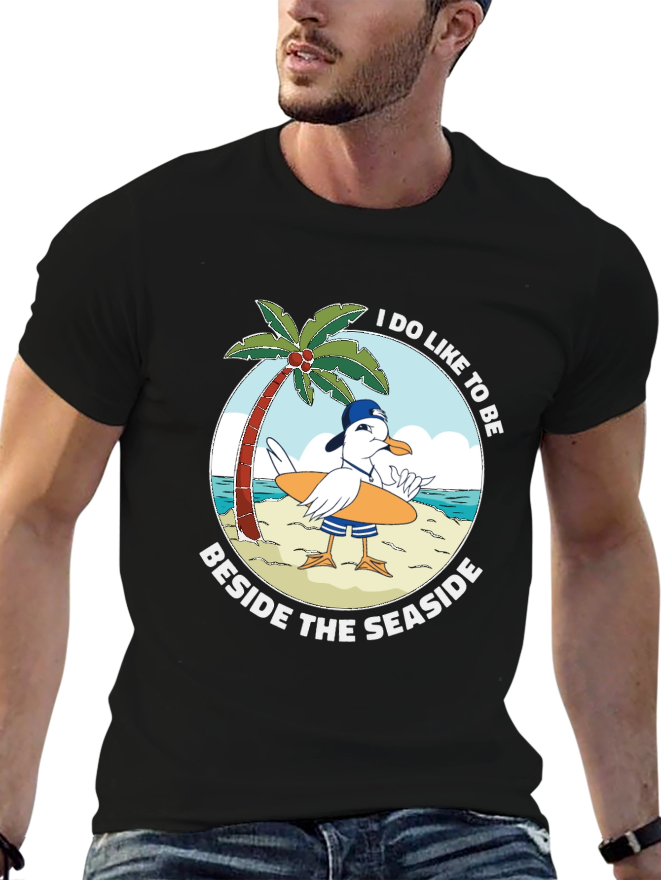 Seaside Seagull Graphic Tee - Black Cotton T-Shirt