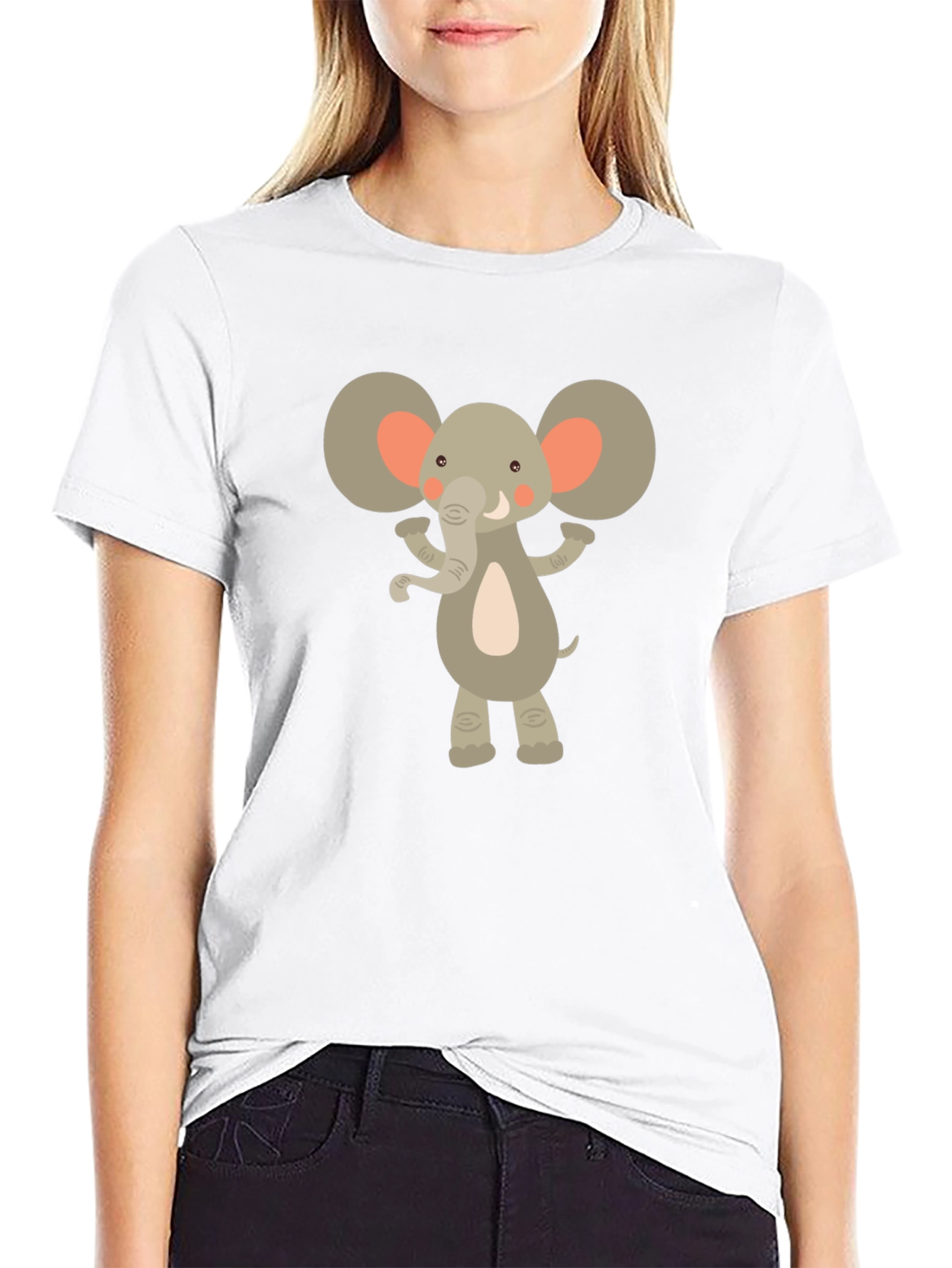 Cartoon Elephant Graphic Tee - Black Crew Neck T-Shirt