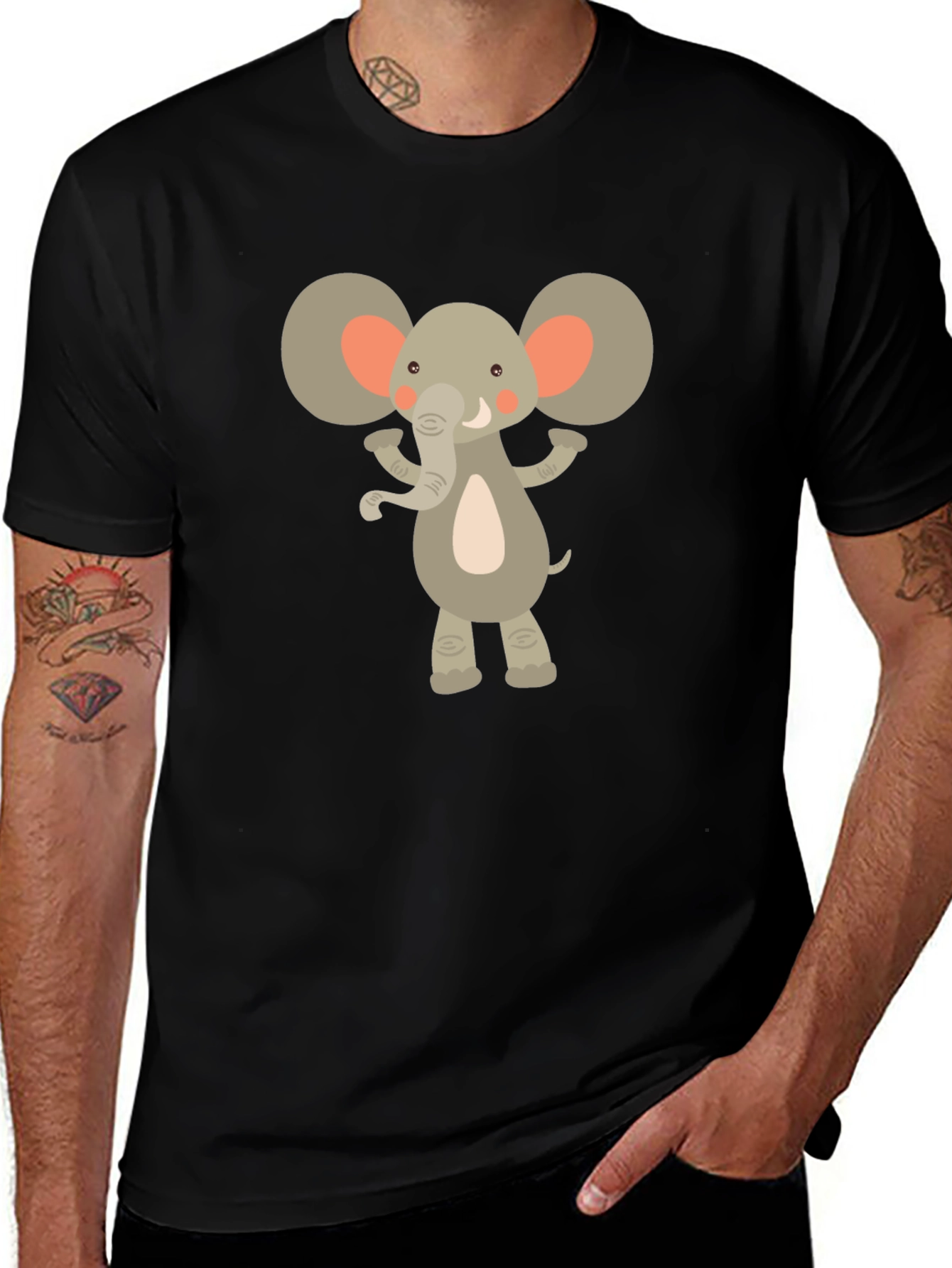 Cartoon Elephant Graphic Tee - Black Crew Neck T-Shirt